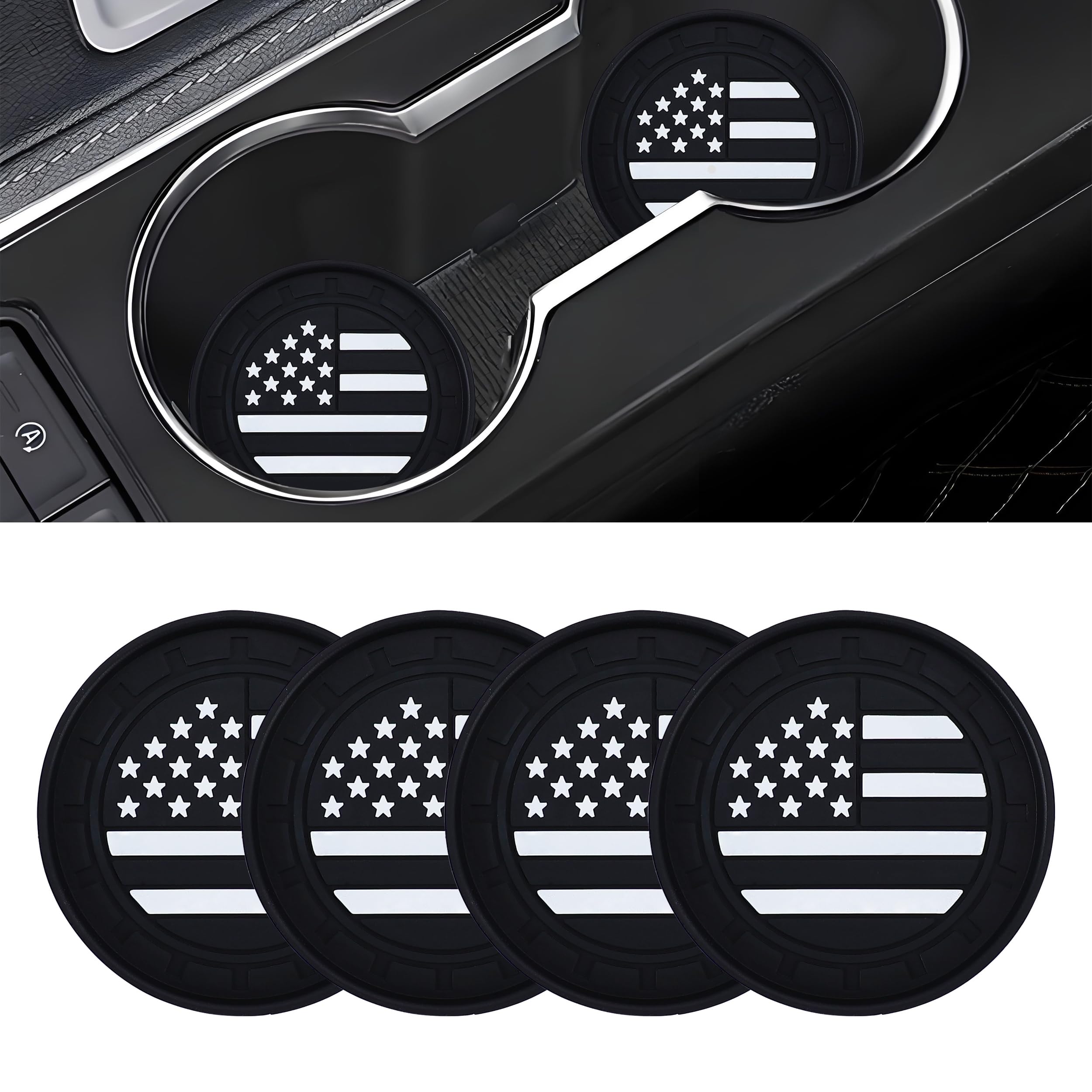 Amooca Car Cup Coaster 4 Pack US Flag Universal Non-Slip Cup Holders Insert Coasters Cup Mats Car Interior Accessories American Flag Black