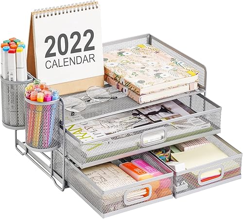 Marbrasse Organizador de escritorio de malla de 3 niveles con cajón organizadores de escritorio multifuncionales y accesorios organizador de cartas