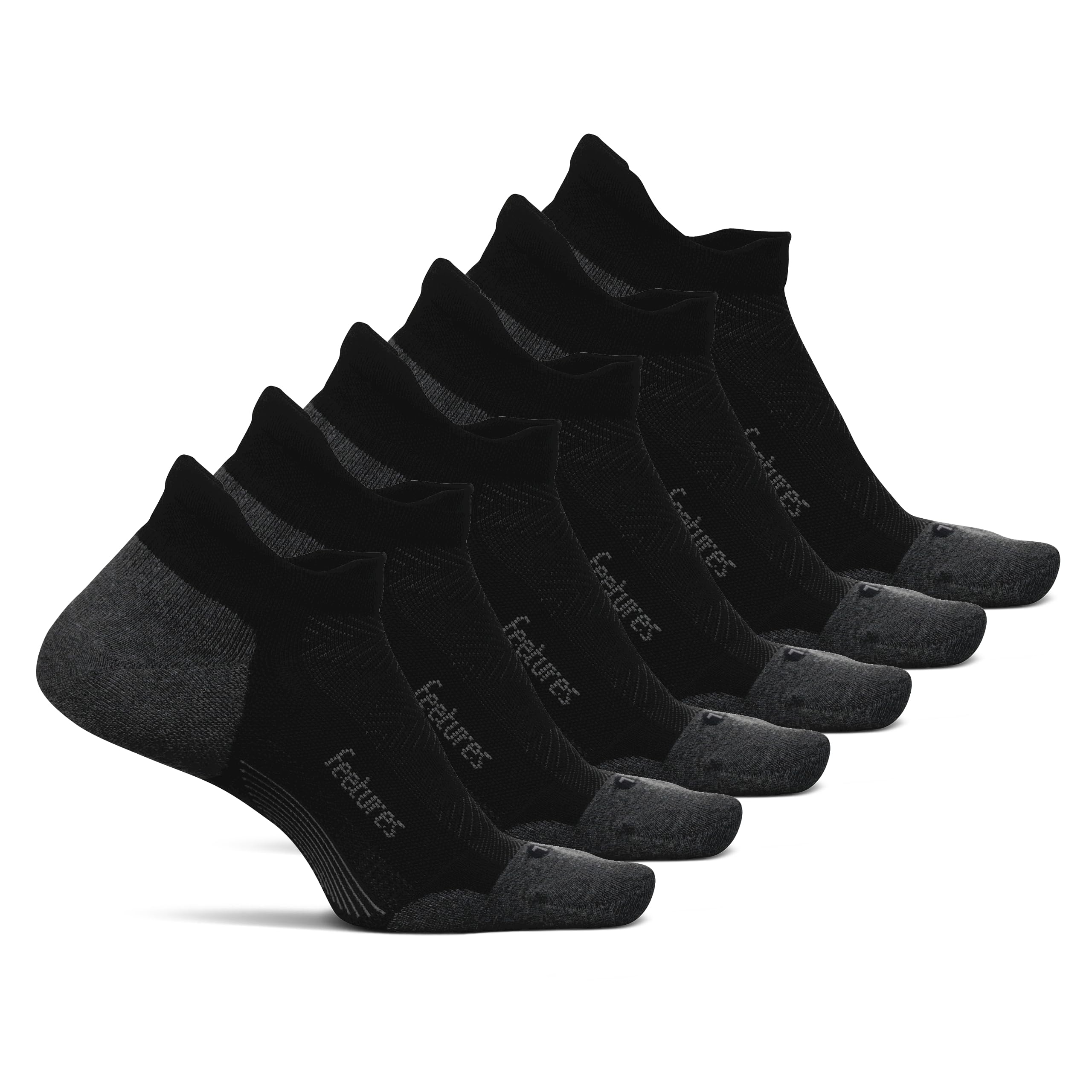 Feetures Elite Max Cushion No Show Tab Ankle Socks - Sport Sock with Targeted Compression - New Black, M (6 Pair)