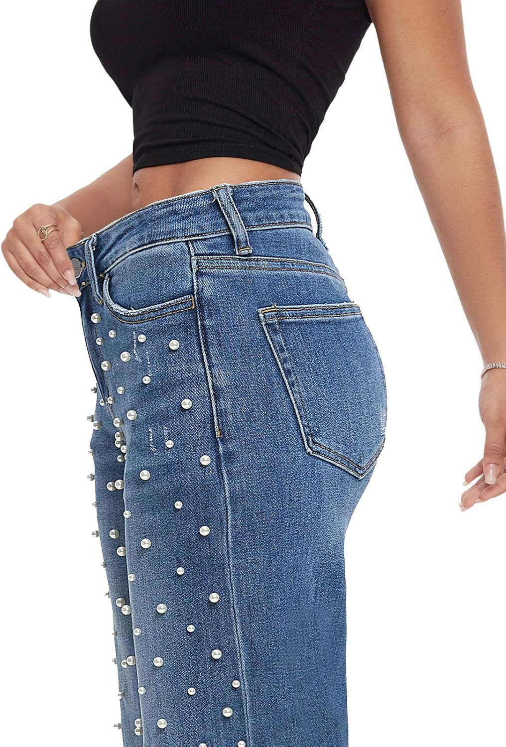 ONESO Mid-Low Rise Baggy Jeans Wide Leg for Women Distressed Pants Stretchy Bottom Lady Basic Comfortable Denim