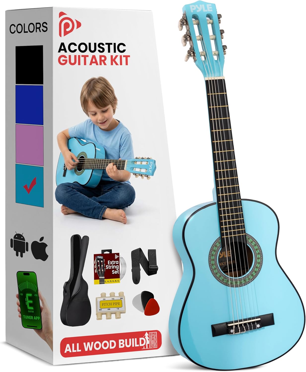 Pyle 30-Inch Beginner Acoustic Guitar Kit, 6-String Classical Style Travel Guitar for Kids & Adults - Includes Shoulder Strap, Strings, Picks, Tuning Pitch Pipe & Storage Gig Bag, Handcrafted Wood
