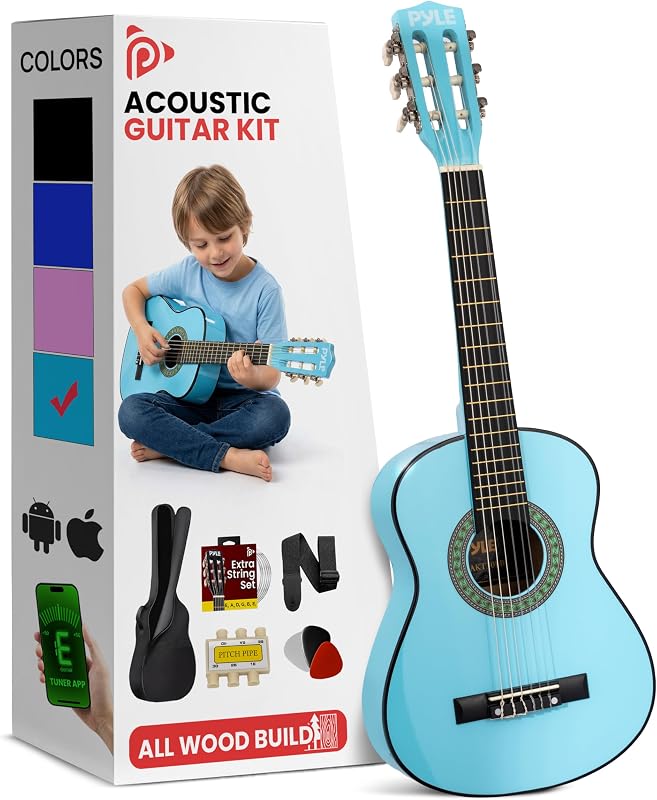 Pyle Kit de guitarra acústica para principiantes de 30 pulgadas, guitarra de viaje de estilo clásico de 6 cuerdas para niños y adultos, incluye correa para el hombro, cuerdas, púas, tubo de afinación y bolsa de almacenamiento, madera hecha a mano