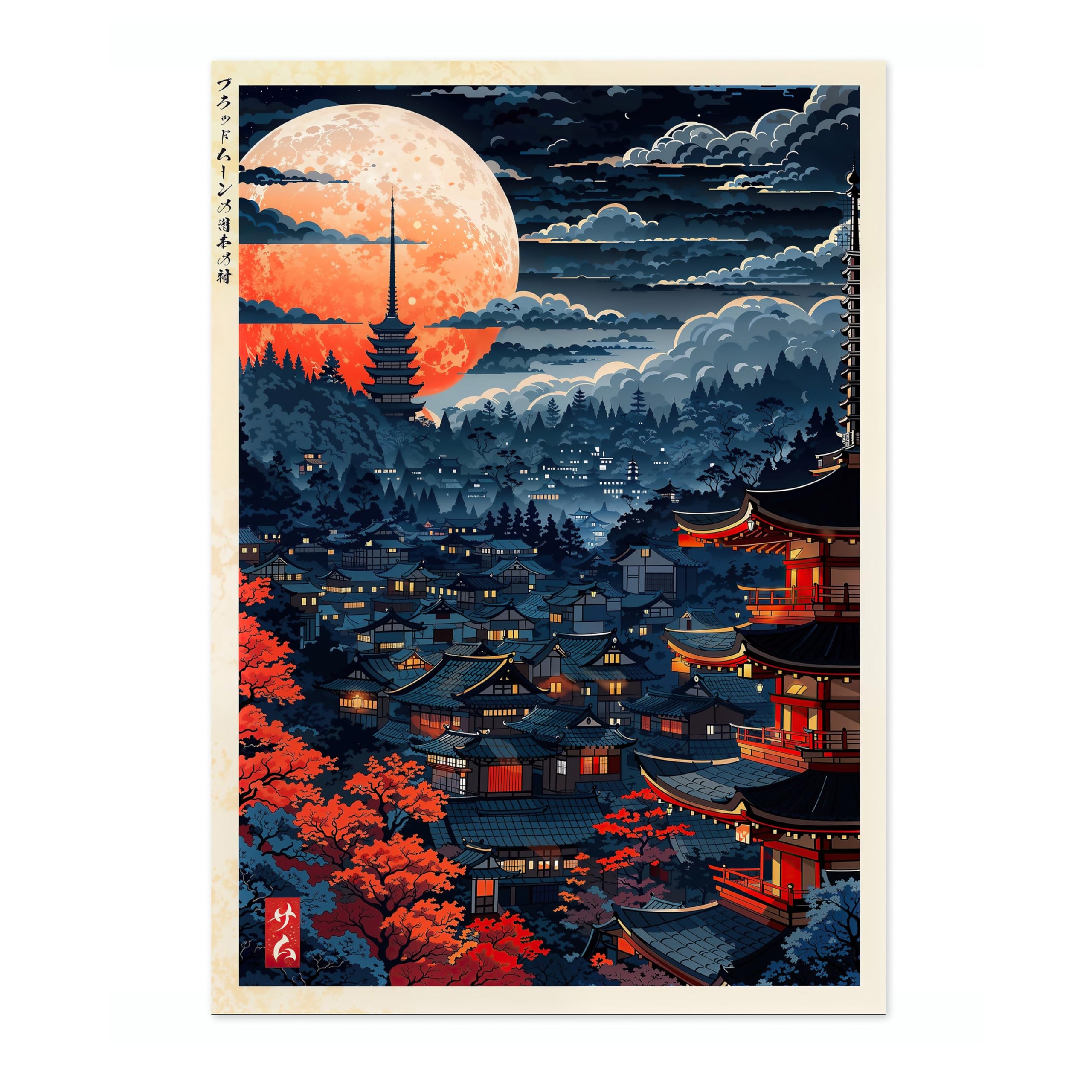 Osaka Blood Moon Anime Woodblock Poster Modern Ukiyo-E, Japanese Cartoon Illustration Print, Archival Matte, A5 (Print Only) - 21x14.8cm