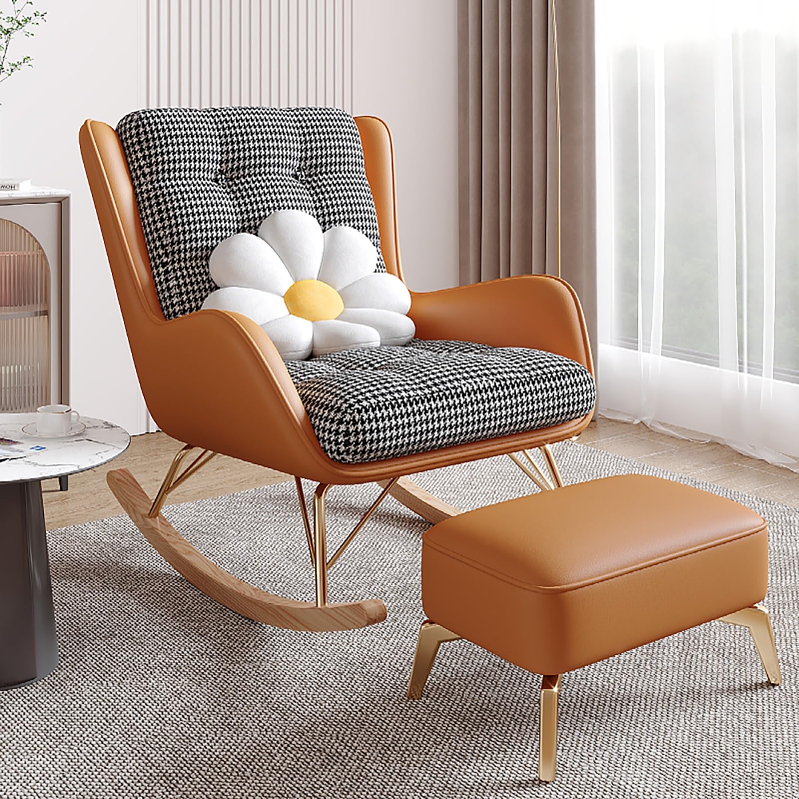 Oversized Rocking Chair with Cushion, Modern Accent Rocking Chair with PU and Solid Wood Legs, Rocking Chairs with Ottoman, Honeycomb Three-Dimensional Backrest for Bedroom, Living Room(Black)