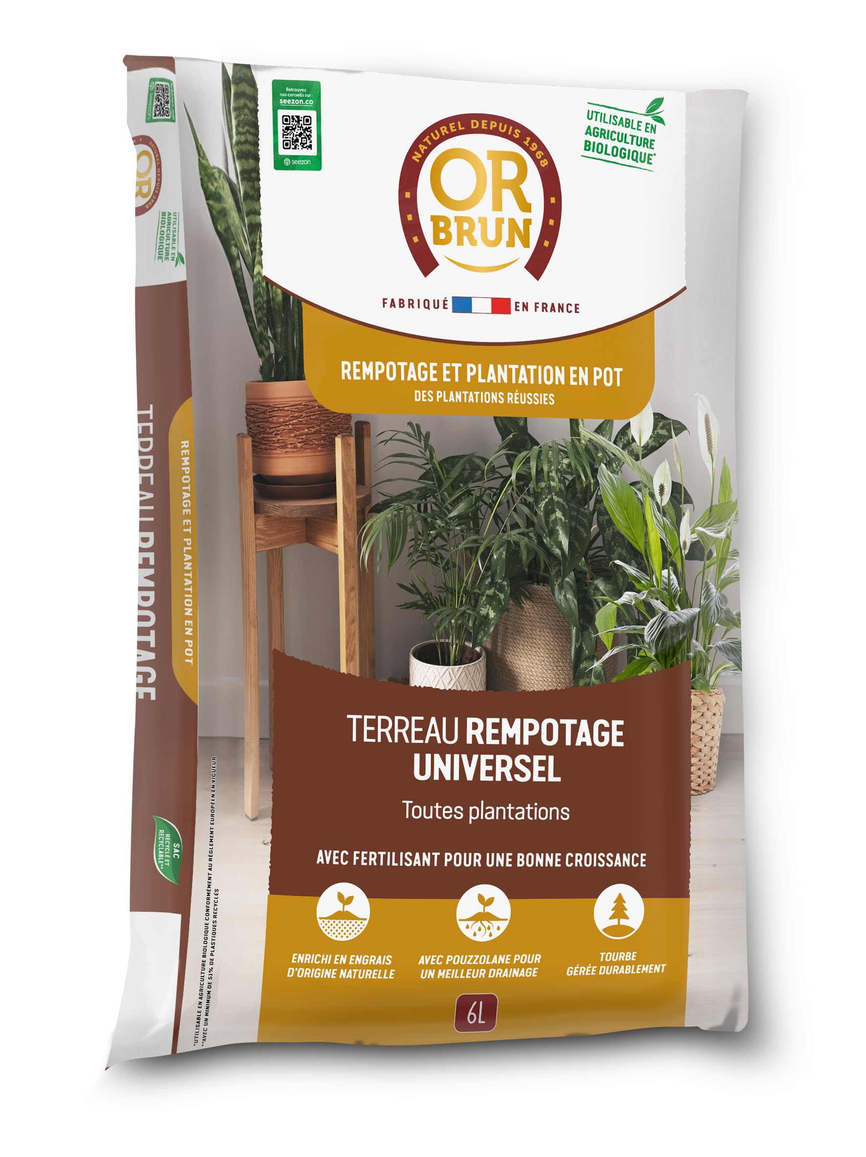 Terreau rempotage universel - OR BRUN - OBRTREM6U - 6L - Améliore la croissance