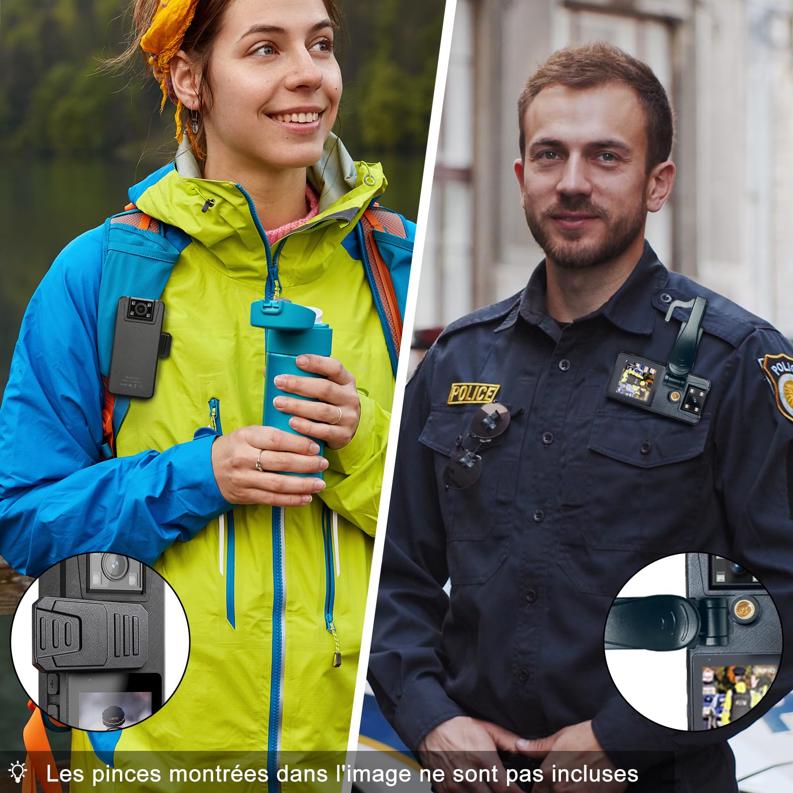 64GB Caméra de Corps, 1296P HD Caméra Corporelle (3000mAh) avec Vision Nocturne IR et Objectif Pivotant à 180°, Caméscope avec Audio et Vidéo Idéales pour Civils, Police Forces de L'ordre