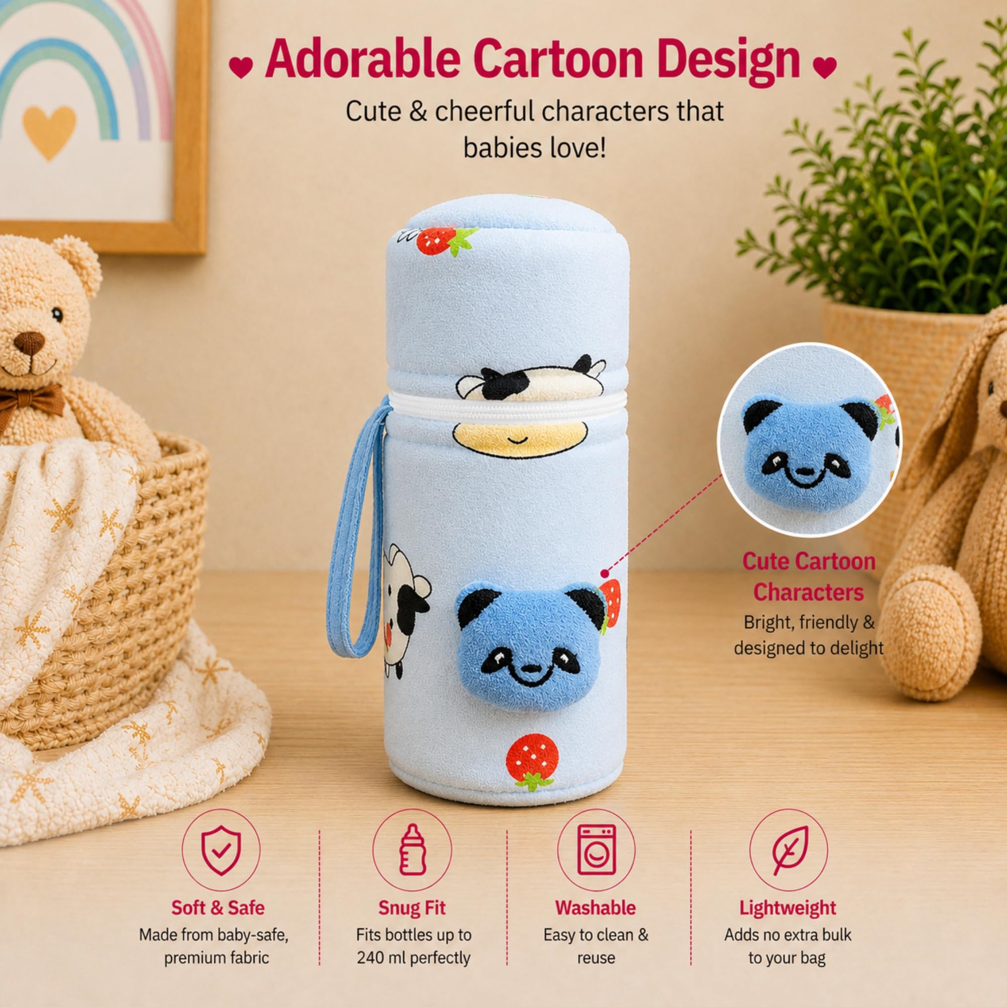 THE LITTLE LOOKERS Soft Plush Stretchable Baby Feeding Bottle Cover with Easy to Hold Strap (Blue & Yellow, Zip Closure 240ml/8OZ) 3
