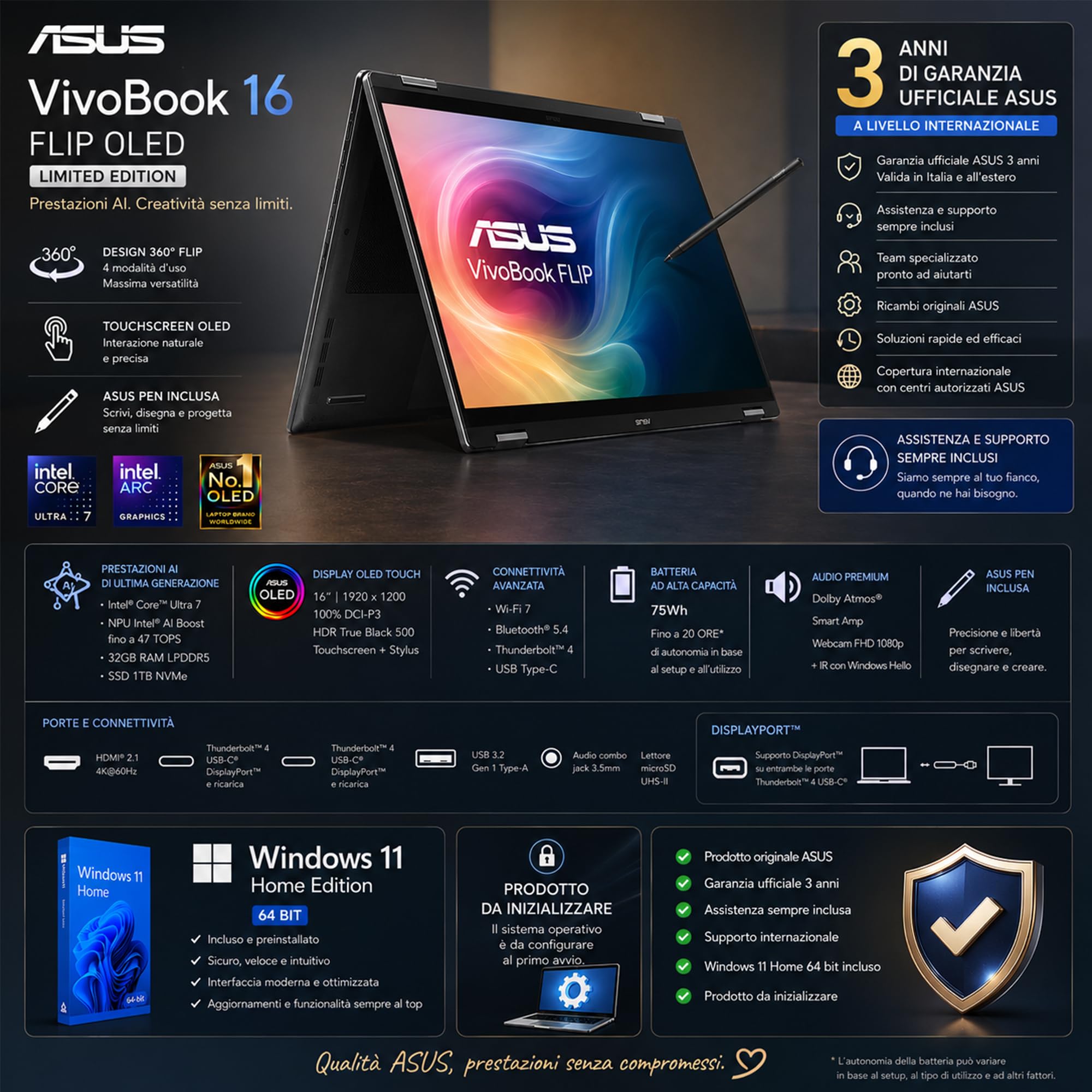 ASUS Vivobook 16 FLIP, Intel® Core™ Ultra 7 258V, Intel Arc Pro, Display OLED Touchscreen 16" WUXGA FHD+, DDR5 32Gb, SSD 1Tb, Win 11, Wi-Fi 7, bt 5.4, tastiera retroilluminata, Pen, Gar 3 Anni