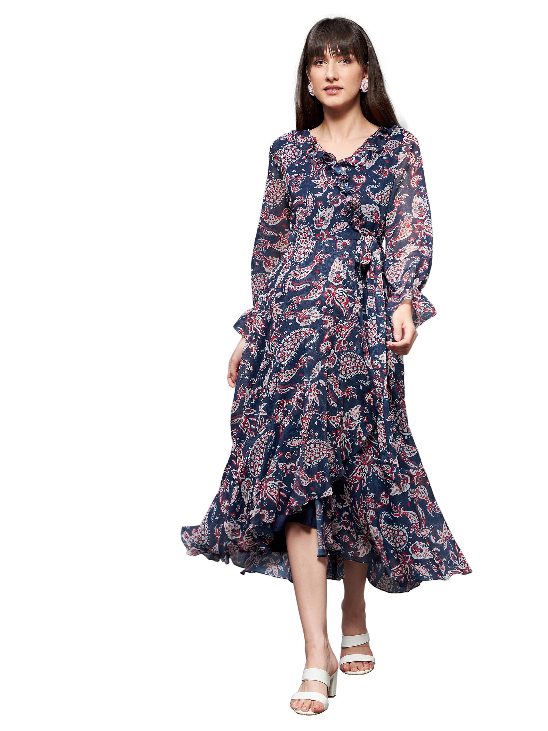 Miss Chase Women's V-Neck Full Sleeves Relaxed Fit Midi Length Dress With Pockets (Mcss22D16-10-178-03, Multicolored-Base-Navy Blue, S)