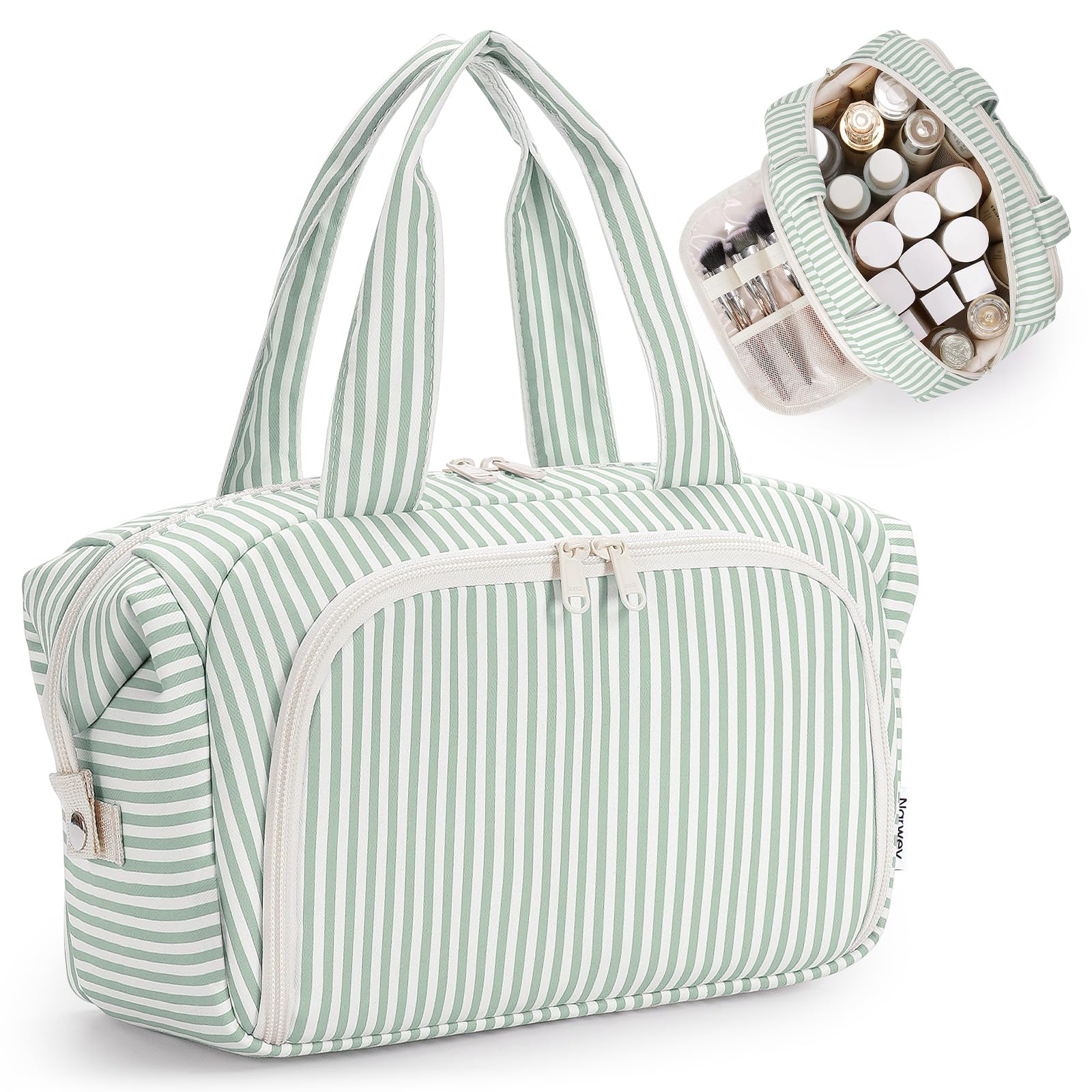 Narwey Neceser de Viaje para Mujer, Bolsa de Aseo Grande, Organizador de Maquillaje Portátil para Artículos de Aseo Tamaño Completo Viajes Accesorios (Rayas Verde Menta)