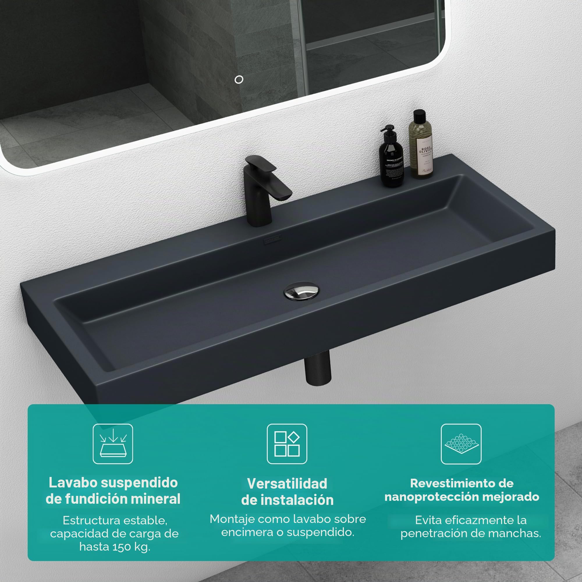 Mai & Mai Lavabo de Pared Antracita Mate con Rebosadero col06 Lavabo sobre Encimera Rectangular de Fundición Mineral con 1 Orificio para Grifo 76.5x42x10cm