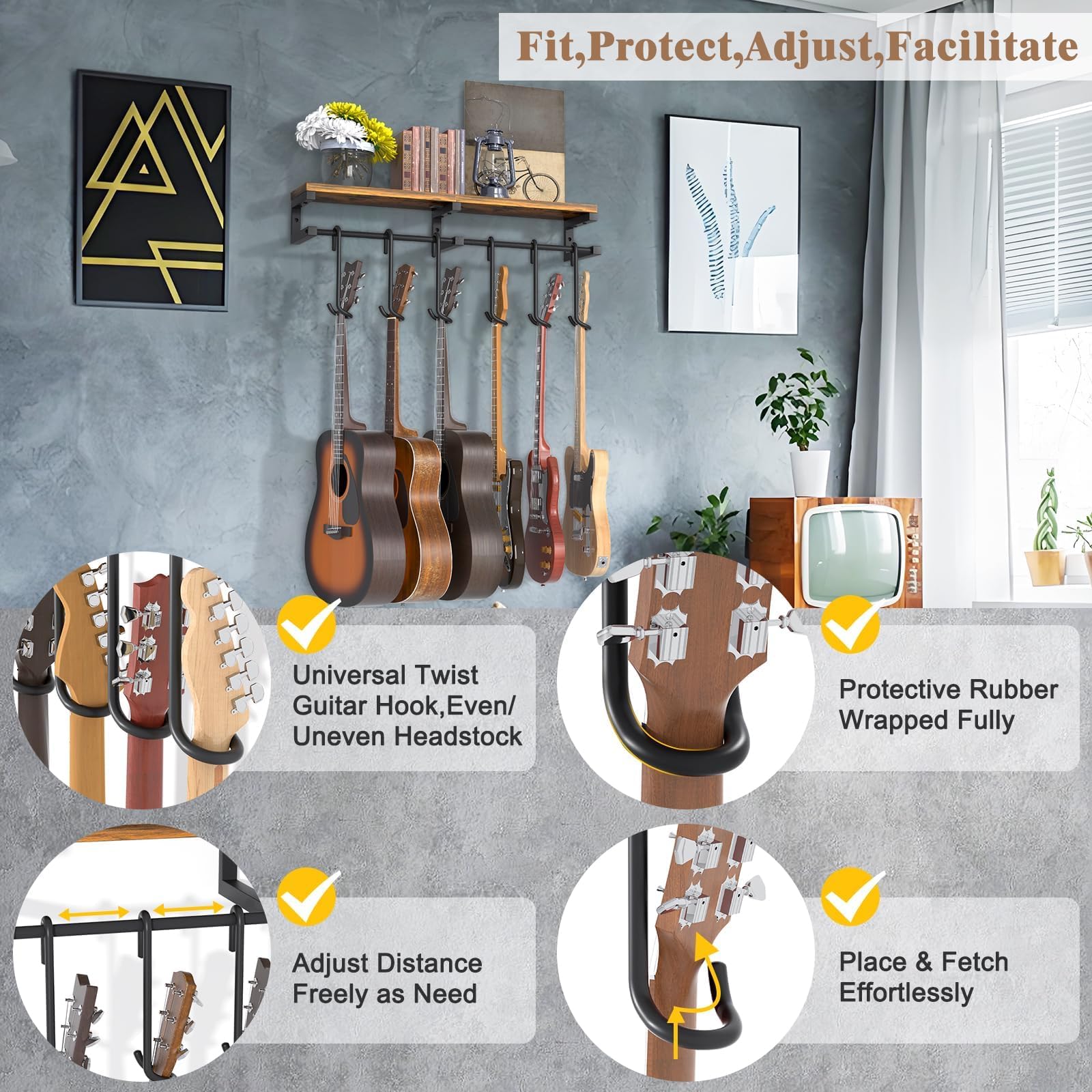 Porta Chitarra da Muro, 6 Supporto Chitarra Muro, Reggi Chitarra con un Grande Scaffale, Appendi Chitarra per Chitarra Acustica, Basso, Chitarra Elettrica, Ukulele Double-Sided