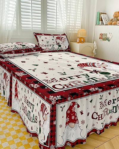 Miniatura 3 de Juego de sábanas de falda de cama de Navidad, 1 sábana y 2 fundas de almohada, falda de cama tamaño King de 18 pulgadas de caída, gnomos a cuadros