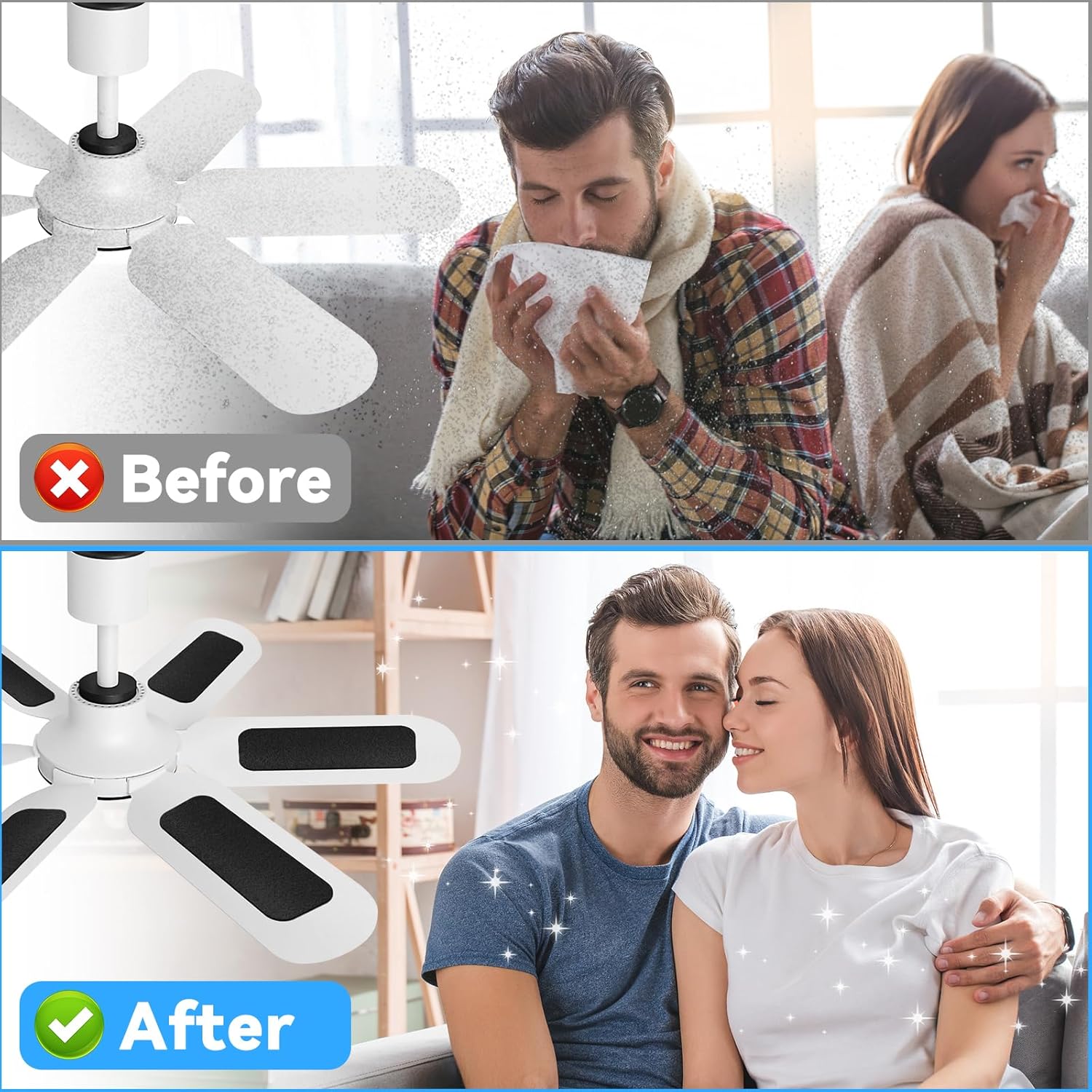 Ceiling Fan Air Filter -10 Pack Activated Coconut Shell Carbon Filter Rounded rectangle Unscented Universal Easy-Stick Ceiling Fan Blade Filters for Home Bedroom Living Room Office