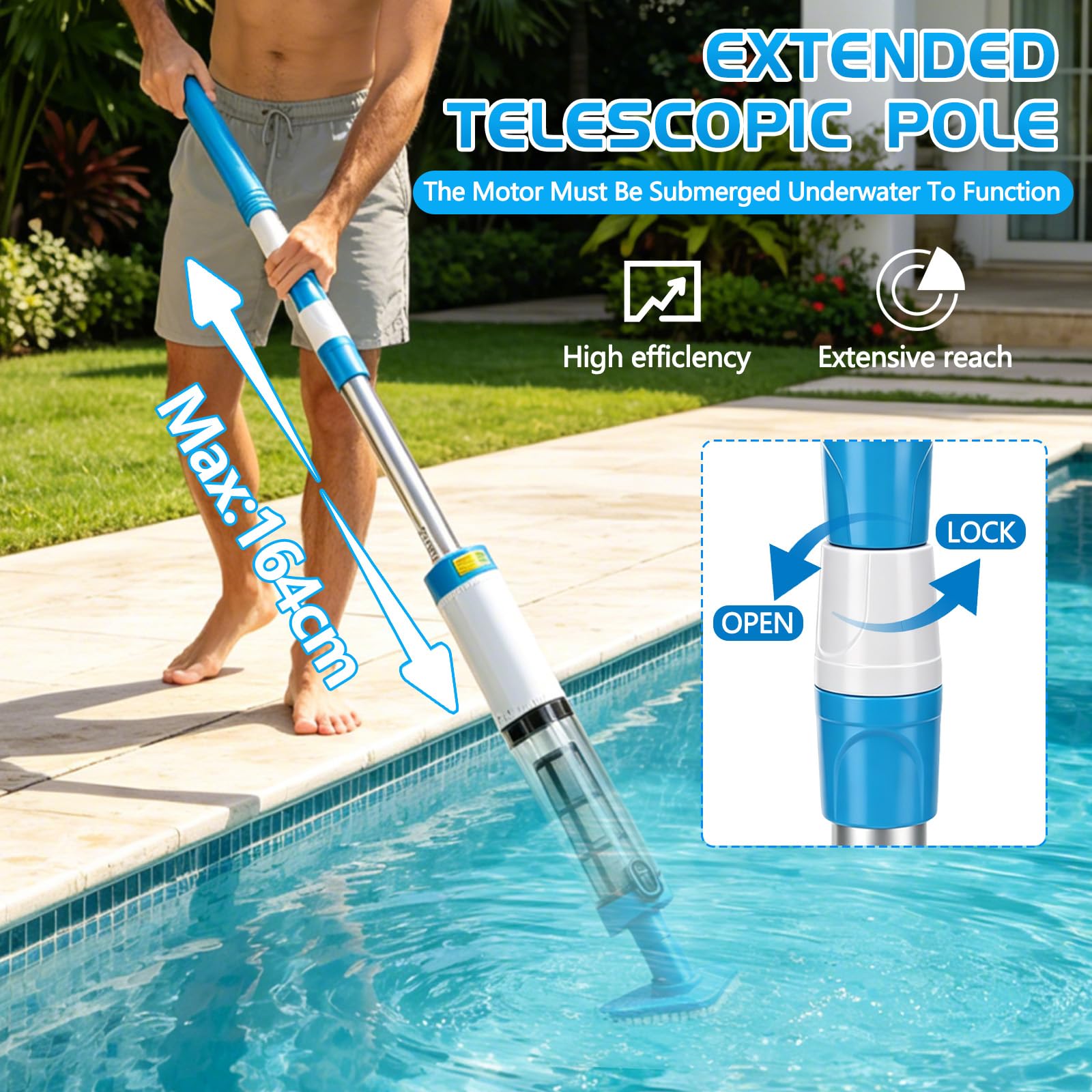 Aspirapolvere senza fili per piscina con batteria da 1600 mAh, con asta di prolunga, filtro e 3 teste, max. 165 cm, aspirapolvere per piscina, idromassaggio e piscina per bambini