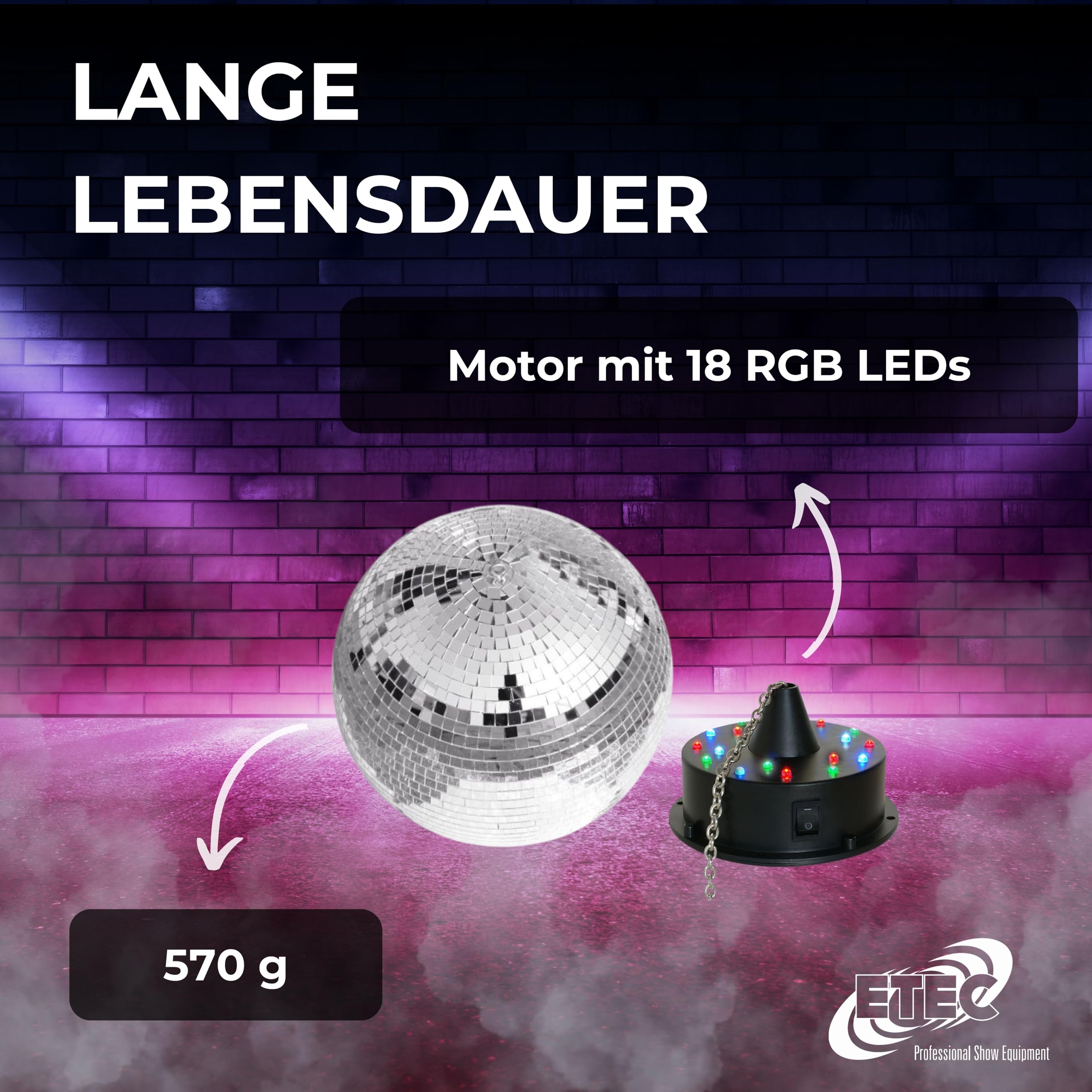 ETEC Professional DISCO20 Spiegelkugel 20cm Set mit LED Motor DISCOLIGHT BELEUCHTUNG Discokugel Disco Effekt Strahler silber batteriebetrieben mit 18 LEDs Partykeller DJ Club
