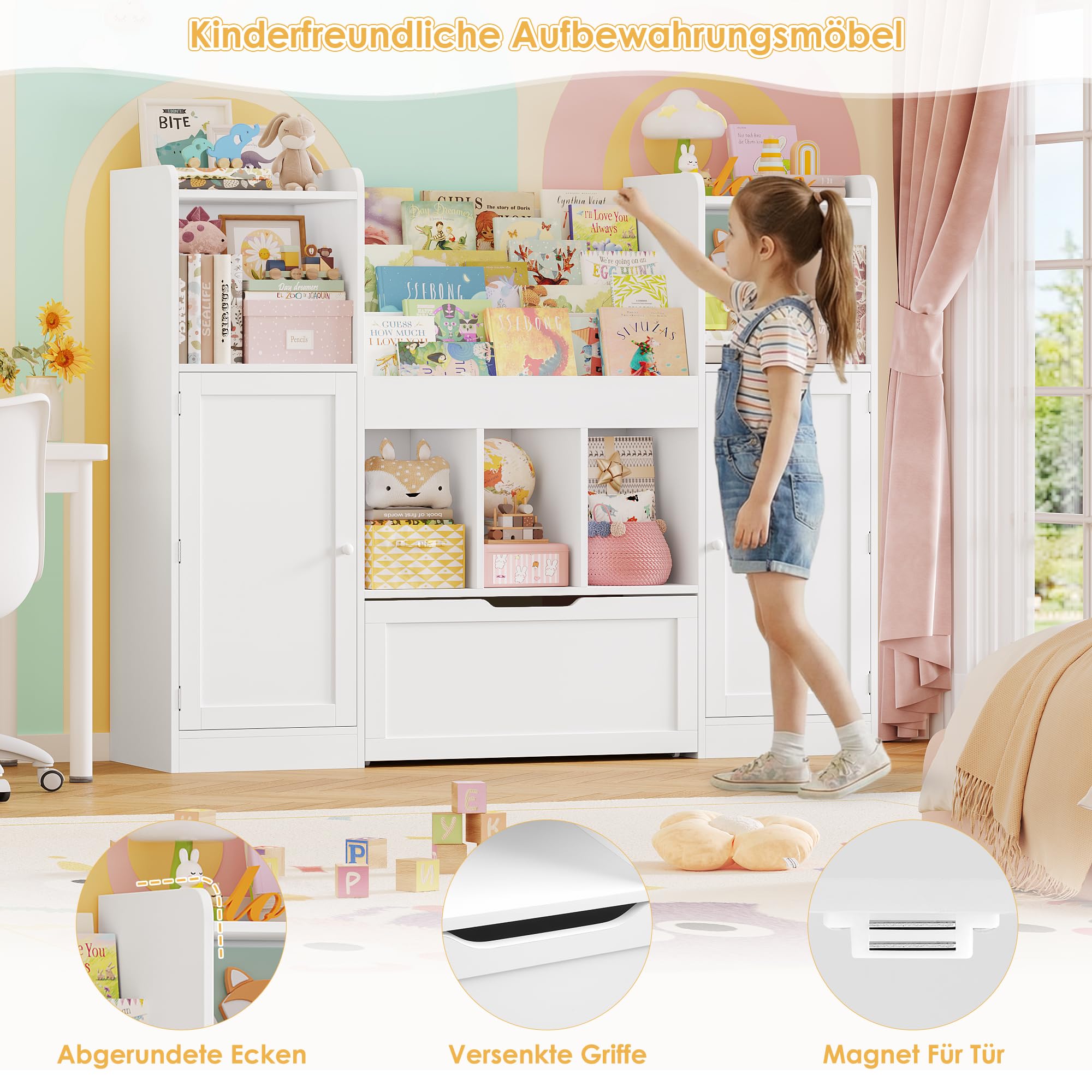 FOREHILL 140cm Breit Kinderregal, Kinderzimmer Möbel, Bücherregal Kinder | Kinderregal mit Boxen auf Rollen, Kindershrank mit 5 Einlegeböden, Spielzeugregal für Kindergarten, 140x108x30cm Weiß
