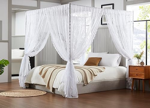 Warm Home Designs El juego de cortinas de cama con dosel de encaje consta de 8 cortinas blancas de 48 x 78 pulgadas con alzapaños, cortinas de cama