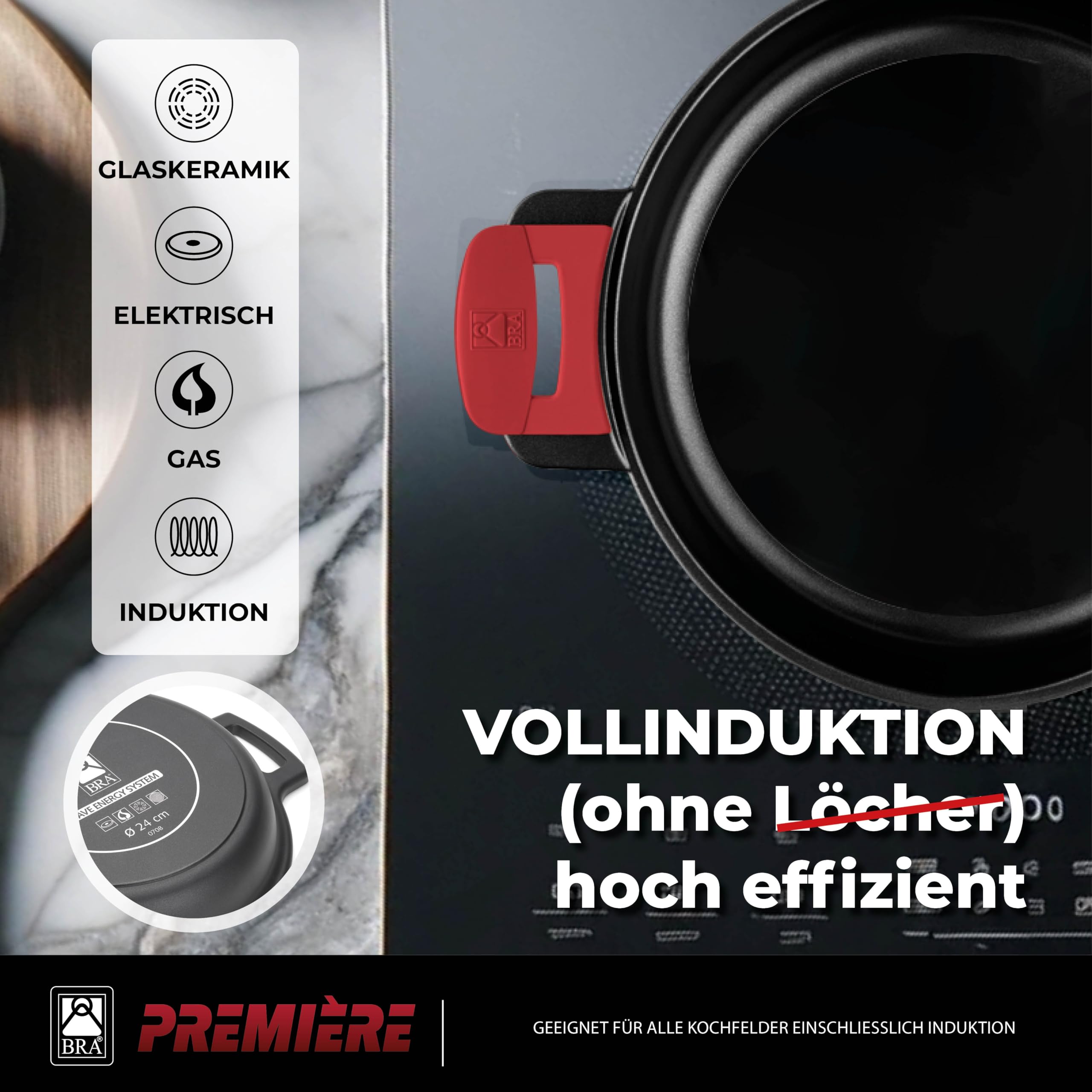 BRA Premiere | 7-teiligee Batterie, Aluminiumguss, Antihaftbeschichtung | Geeignet für alle Herdarten und Induktionsherde, PFOA-frei, Backofengeeignet, Abnehmbare Griffe