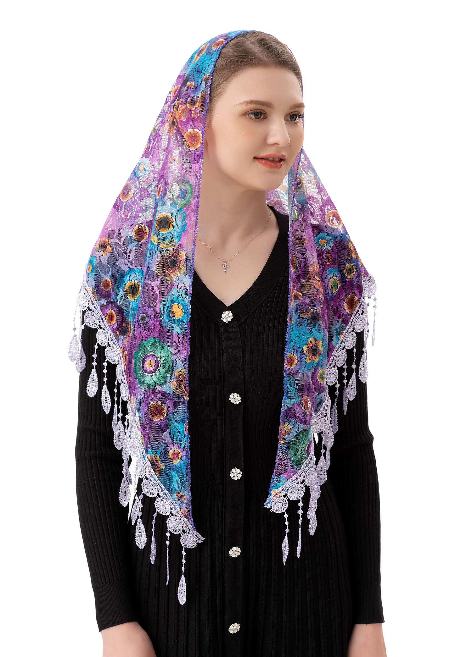 PAMORMass Veil Triangle Mantilla Cathedral Head Covering Chapel Veil Lace Shawl Latin Scarf