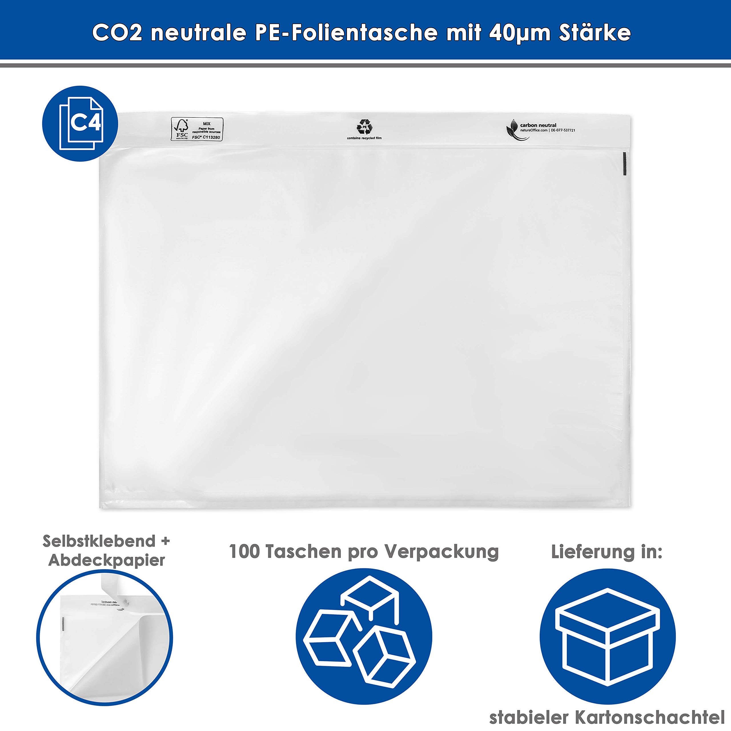 500 Lieferscheintaschen C4 selbstklebend - transparente Rechnungstaschen | Transparente Begleitpapiertaschen für DIN A4, 500 Stück, selbstklebend aus 40 µm Folie, Dokumententaschen, UNIPACK, 555201
