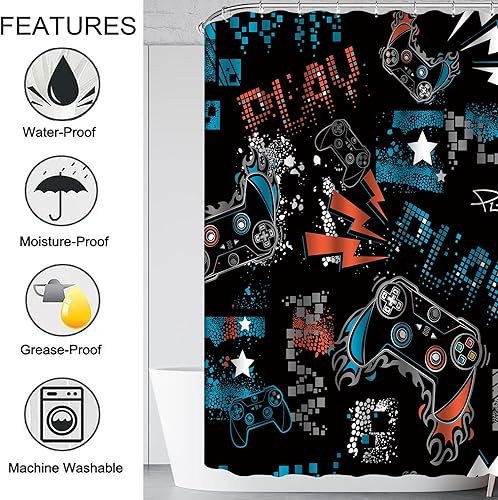 Miniatura 5 de NORBEY Juego de 4 cortinas de ducha de juego de juegos cortina de baño clásica con controlador de videojuegos con alfombrilla antideslizante juego