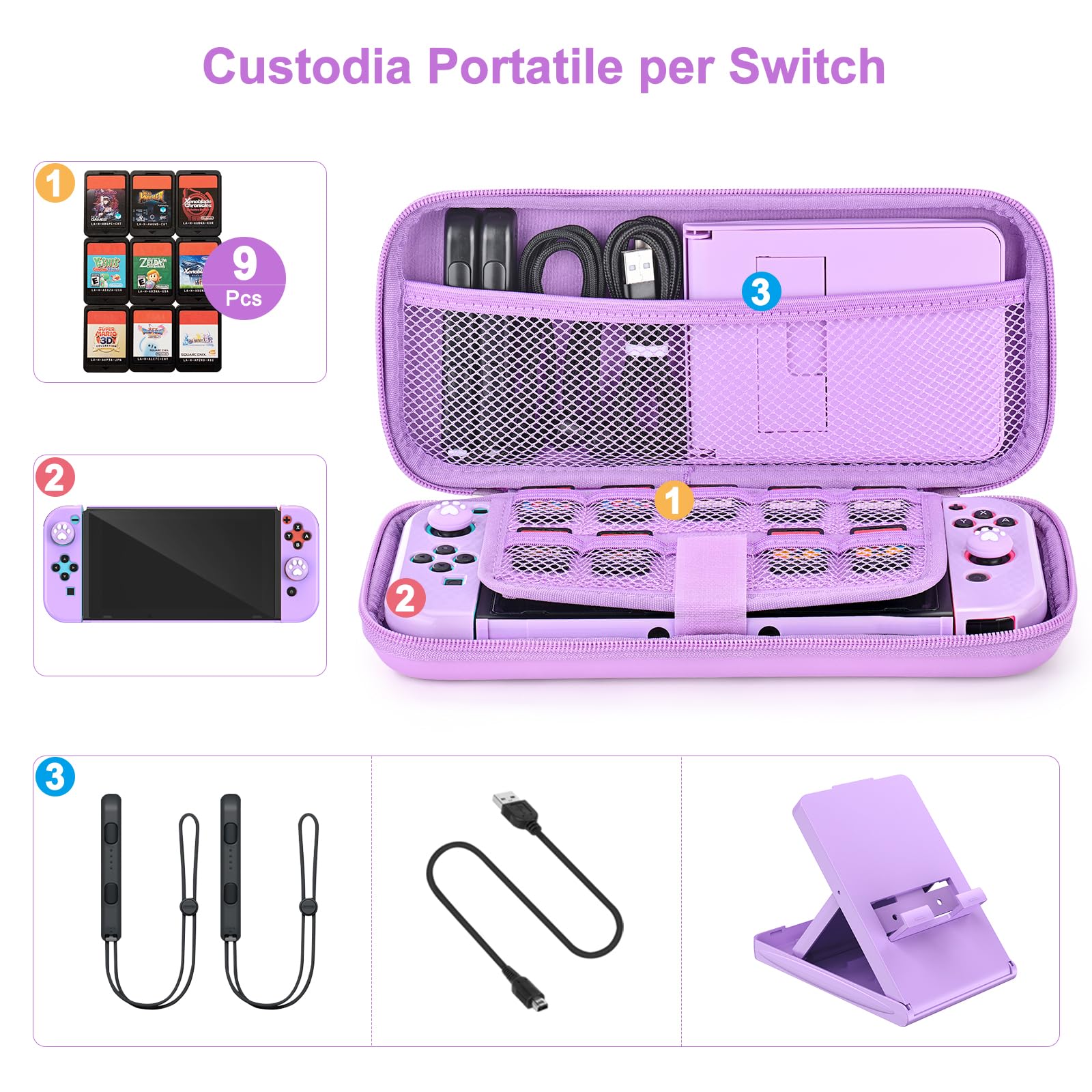 Younik Pacchetto Accessori Switch, kit Accessori 17 in 1 per Ragazze Include Custodia per Switch, Supporto Regolabile, Custodia Protettiva per Console Switch e J-Con (Viola)