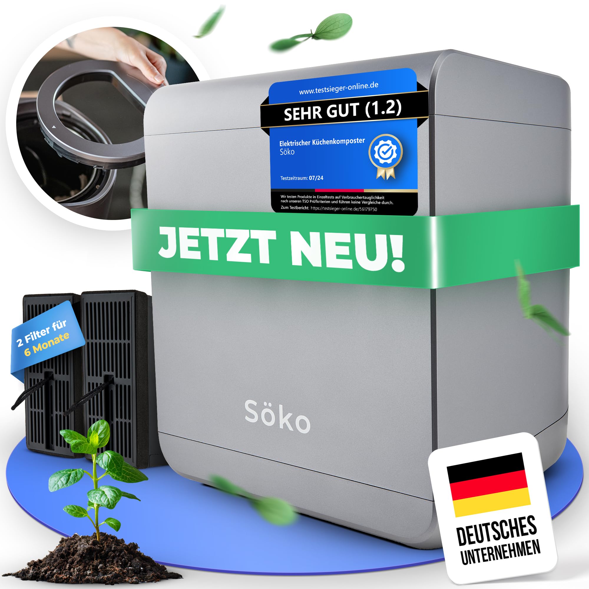 Elektrischer Komposter [2X Aktivkohle-Filter] Elektro-Schnellkomposter - Revolutionäre Kompost-Lösung für Küche, Garten & Balkon | Indoor Kompostbeschleuniger | Mini-Kompostierer elektrisch