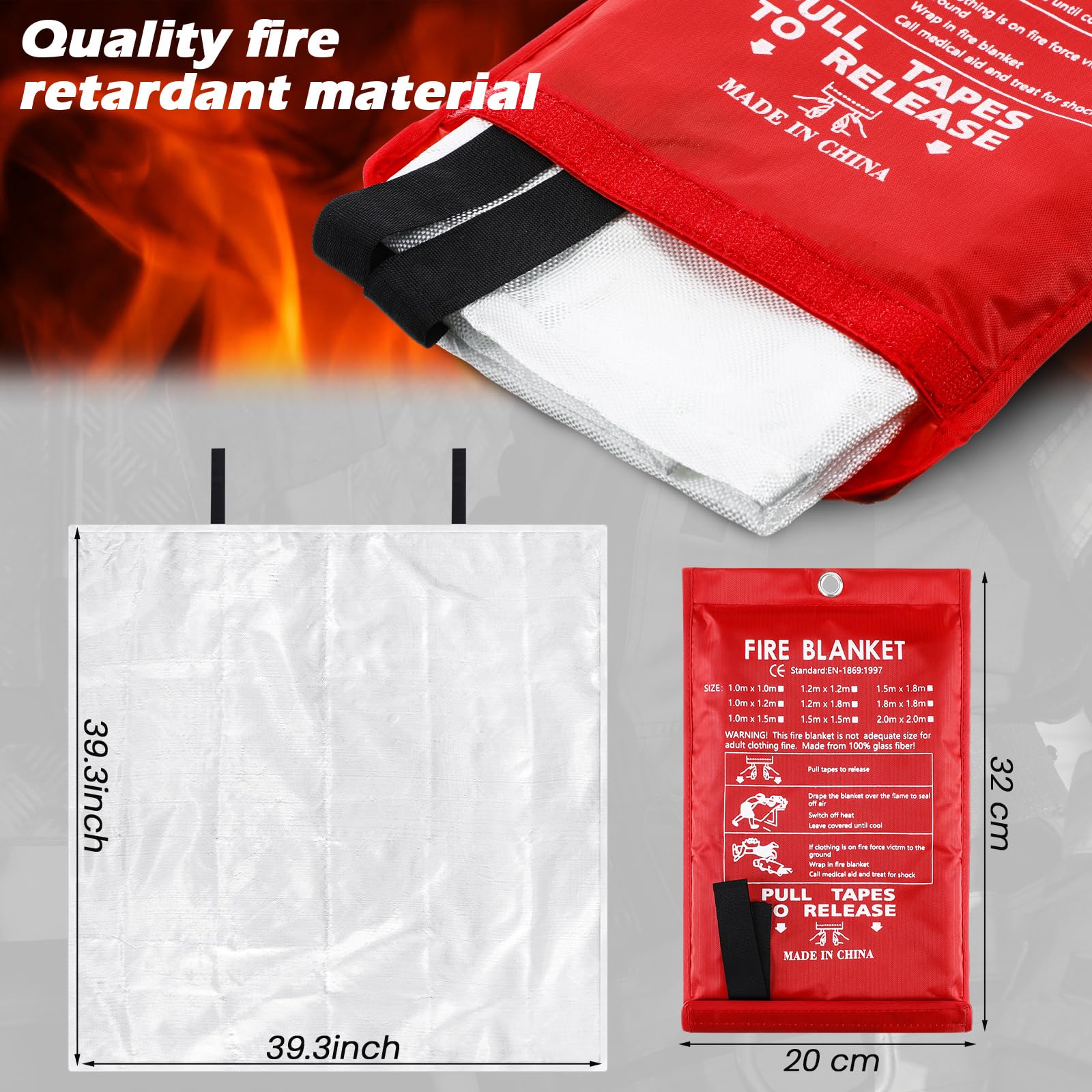 Copkim 2 Sets Emergency Fire Blanket for Home Fire Suppression Blanket Thermal Blanket Fire Blankets with Emergency Whistles, Hooks and Gloves for Kitchen, Fireplace, Car, Office, 39.3