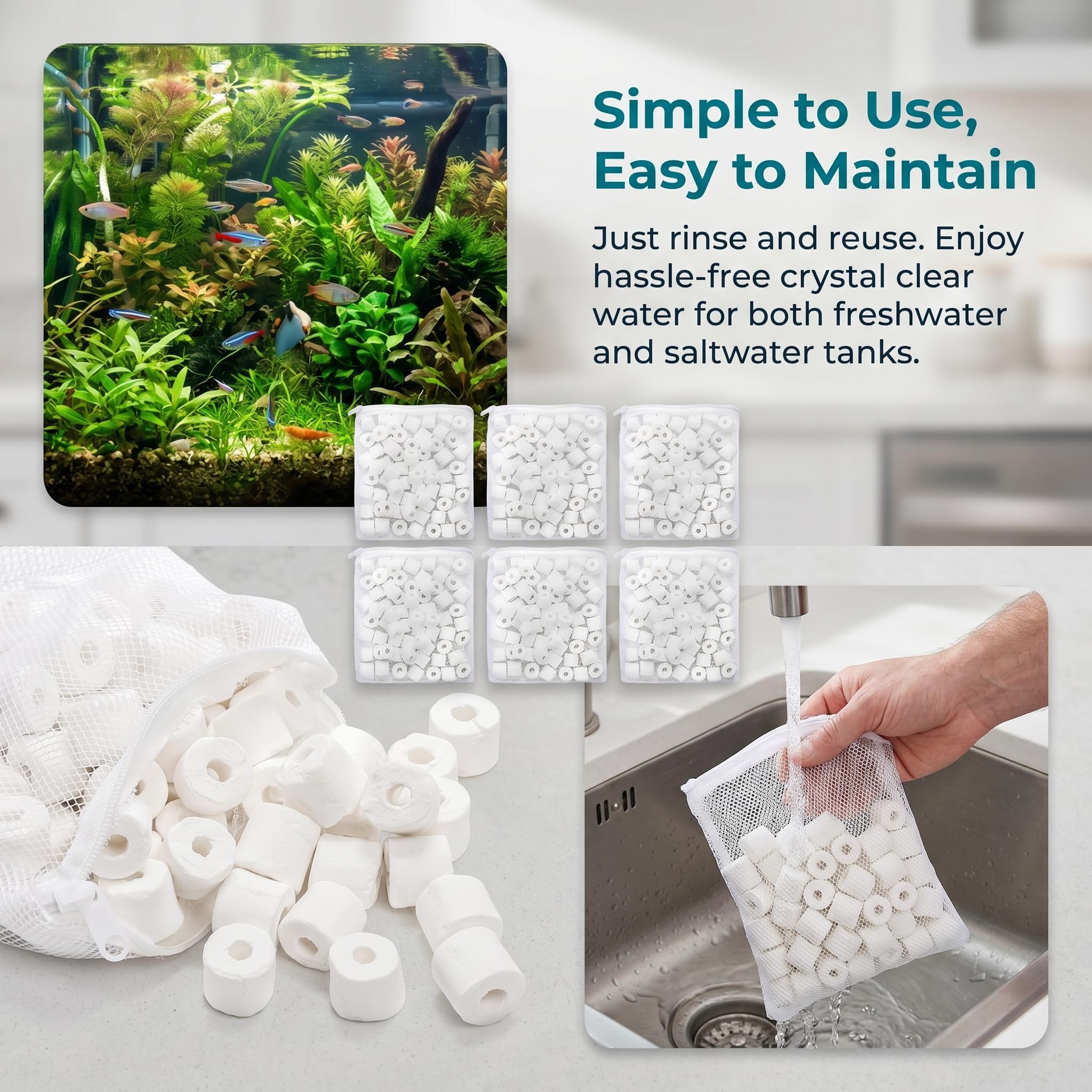TOPZEA Anillos de cerámica para filtro de acuario de 6 libras, medios de filtro biológico Premier con bolsas de malla con cremallera para estanque koi, recipiente, filtro de pecera, blanco puro