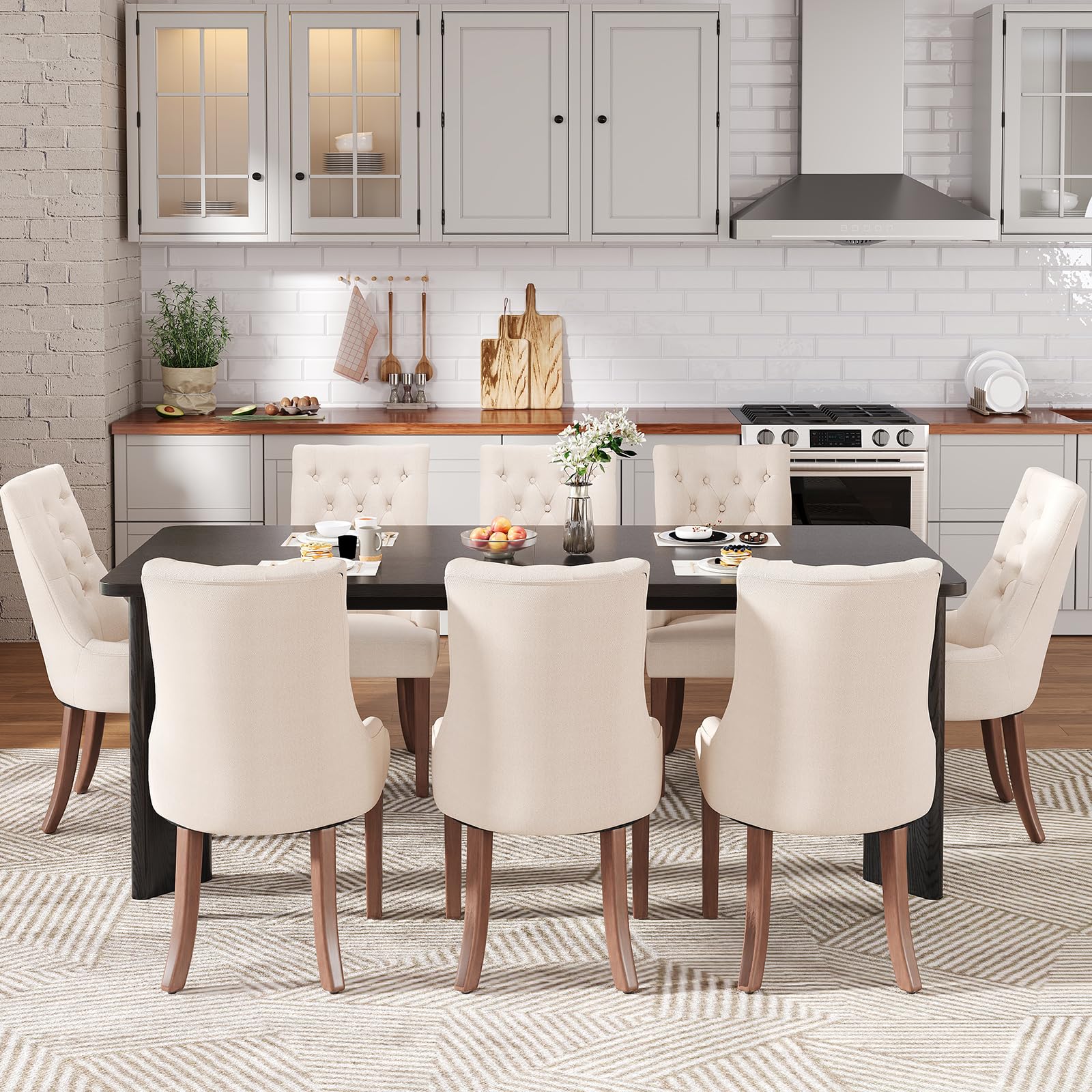 MALOL 9-Piece Rectangular Dining Table Set for 8, 63" Industrial Kitchen Table with 8 Tufted Parsons Dinner Chairs for Dining Room, Kitchen, Living Room, Black+Beige