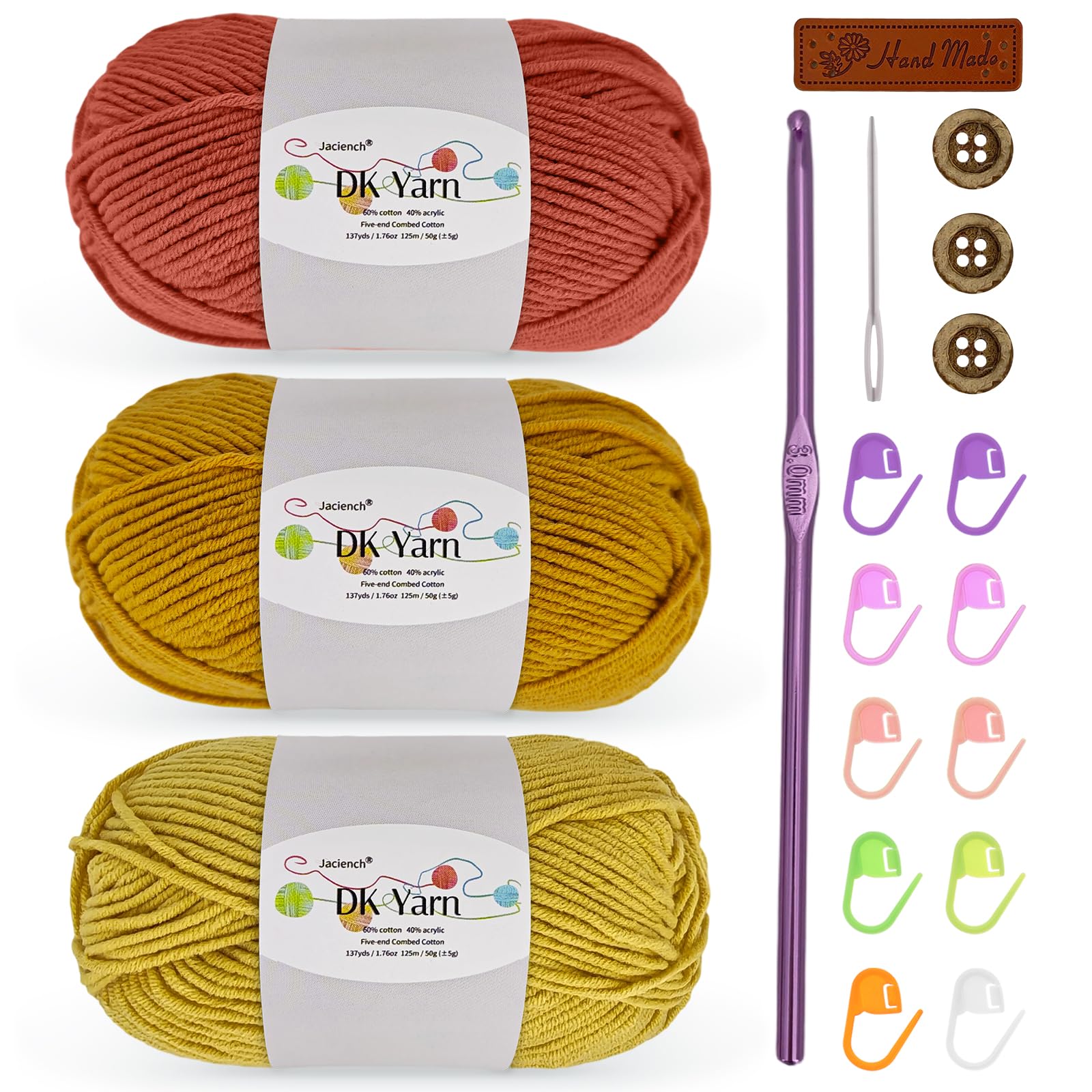 Crochet Yarn Kit, 3×50g 60% Cotton 40% Acrylic Combed Cotton Yarn with 3mm Hook & Accessories, DK Wool for Beginners Amigurumi Socks Blankets（Red, Deep Ginger, Ginger）