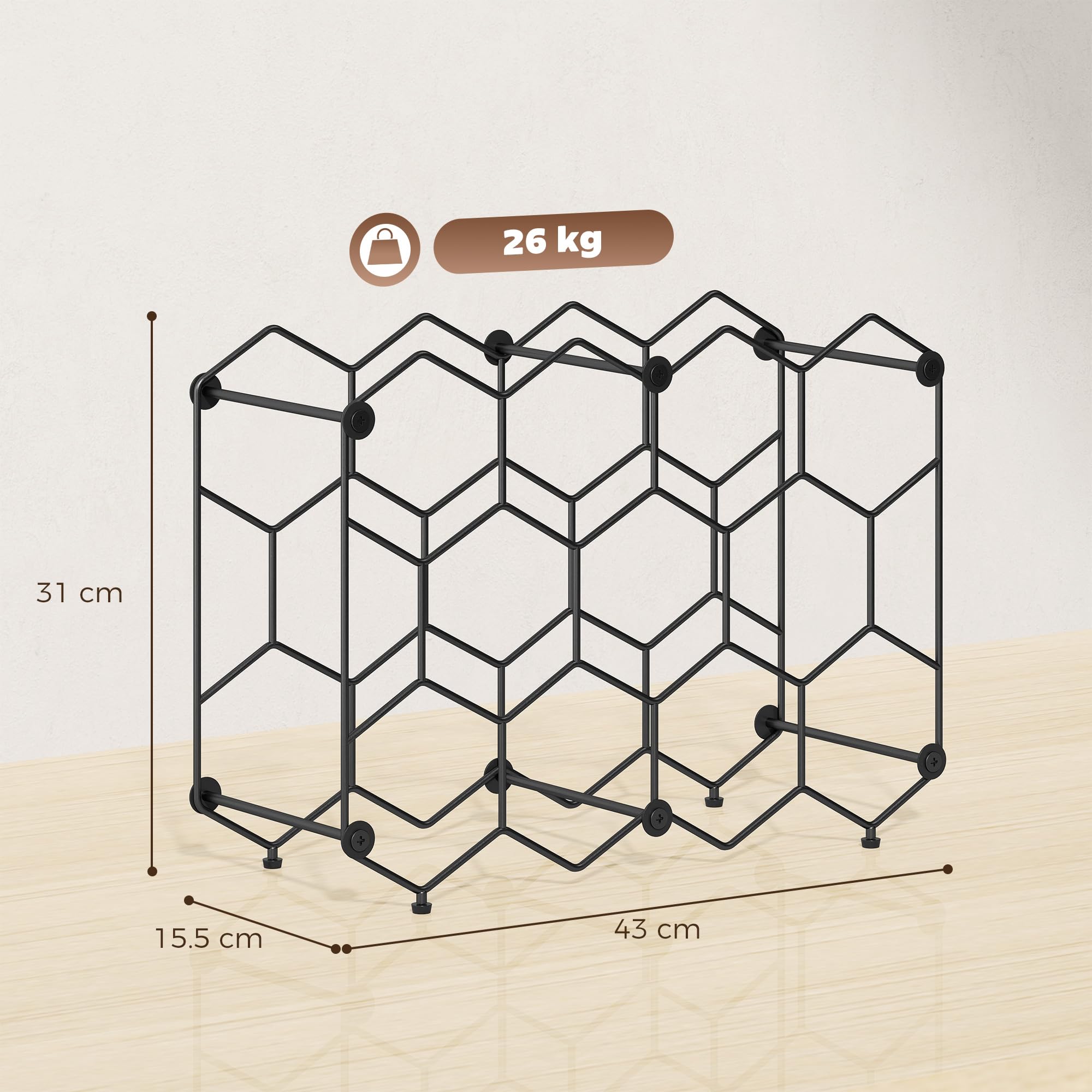 HOMCOM Portabottiglie Design Industriale a Nido d'Ape con Piedini Regolabili e Cinghia Antiribaltamento, Porta Vino per 13 Bottiglie per Cucina, Bar di Casa e Mobiletto, Nero