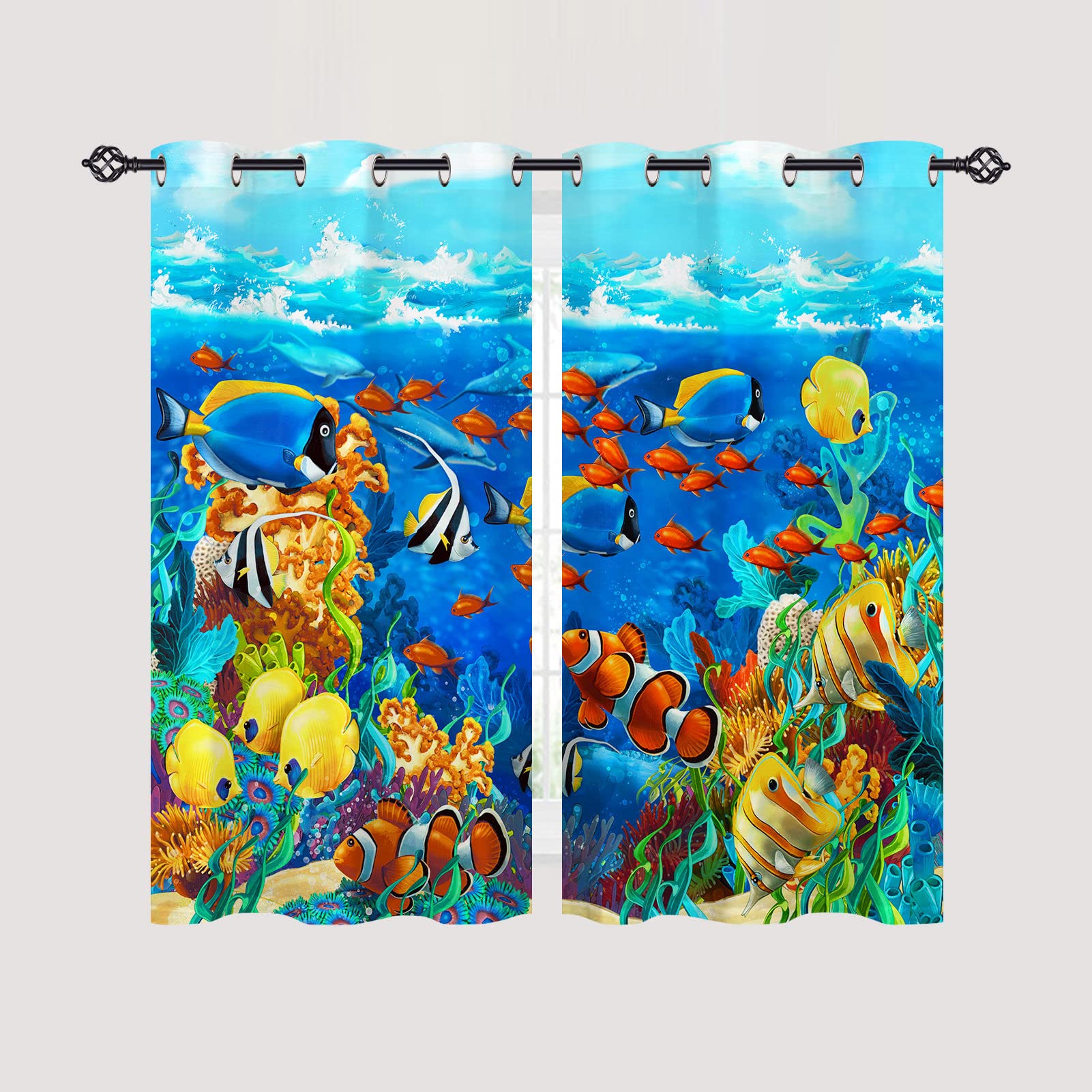 ANHOPE Underwater Curtains Eyelet 80% Blackout Room Darkening Curtains Ocean Sea Animal Tropical Fish Print Pattern Light Blocking Window Drapes for Kids Bedroom Living Room 46 x 54 Inch Drop 2 Panels - Image 2