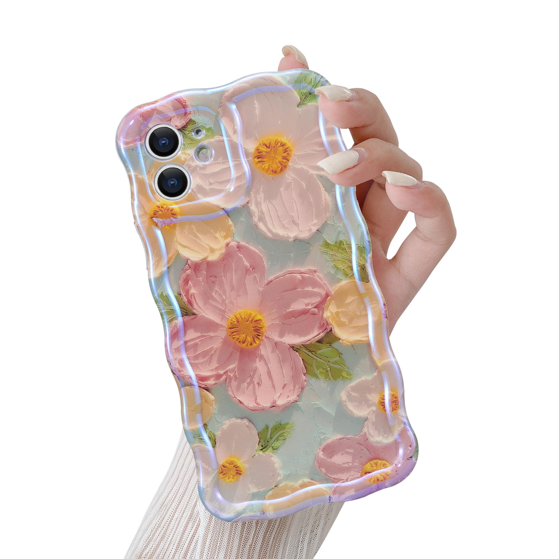 QLTYPRI Case for iPhone 12, Laser Colorful Retro Oil Painting Flower Pattern Cute Curly Wave Frame Exquisite Phone Case for Girls Women, Shockproof