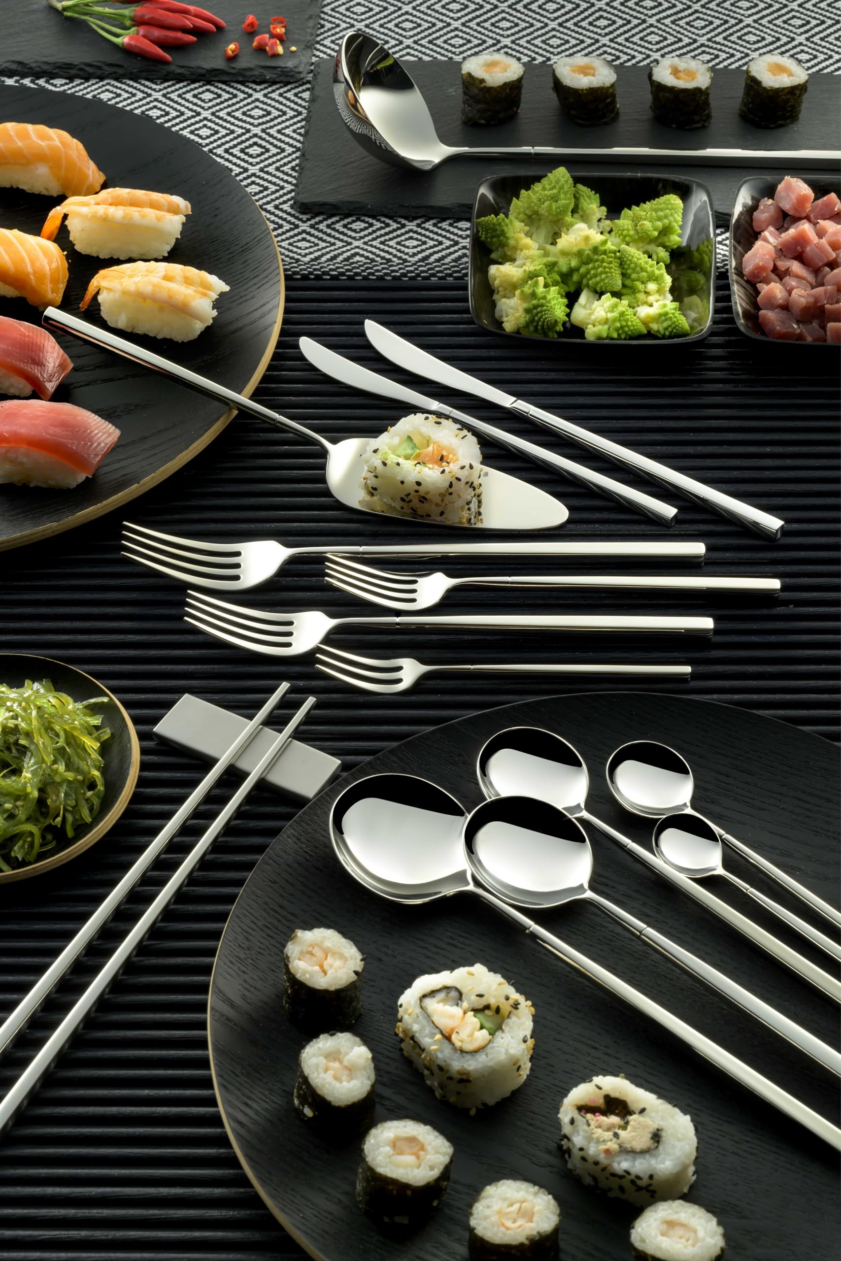 Eme P13AKT/10 Kyoto Servizio di Posate 24pz forgiate in acciaio inossidabile, 6 Coltelli, 6 Forchette, 6 Cucchiai, 6 Cucchiaini, Stile giapponese, finitura lucida