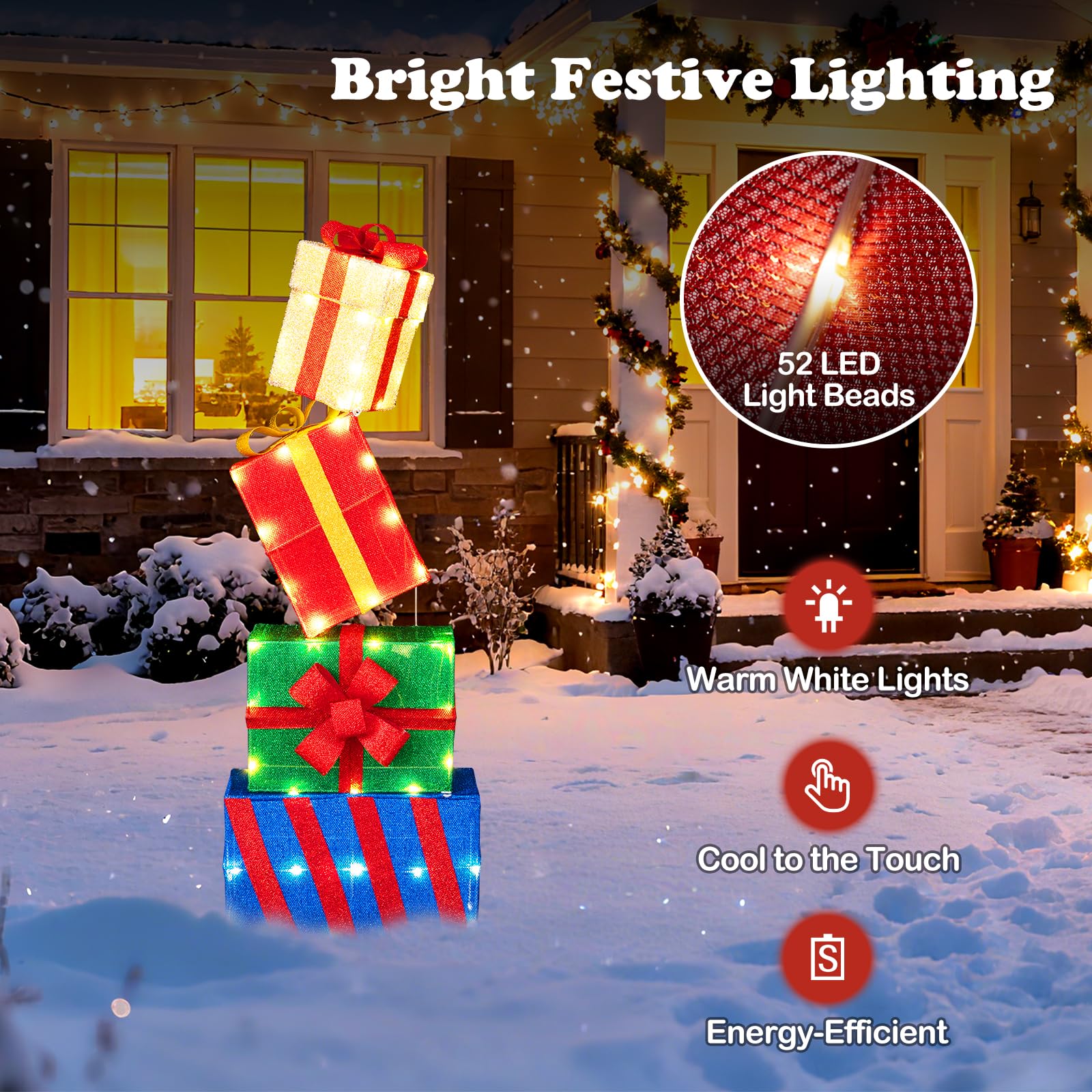 GYMAX Set di 4 Scatole Regalo a LED di Natale, Pacchi Regalo Decorativi con 51 Luci LED Caldi e Fiocchi, Combinazione Flessibile, Decorazione Natalizia Luminosa per Soggiorno, Giardino e Balcone