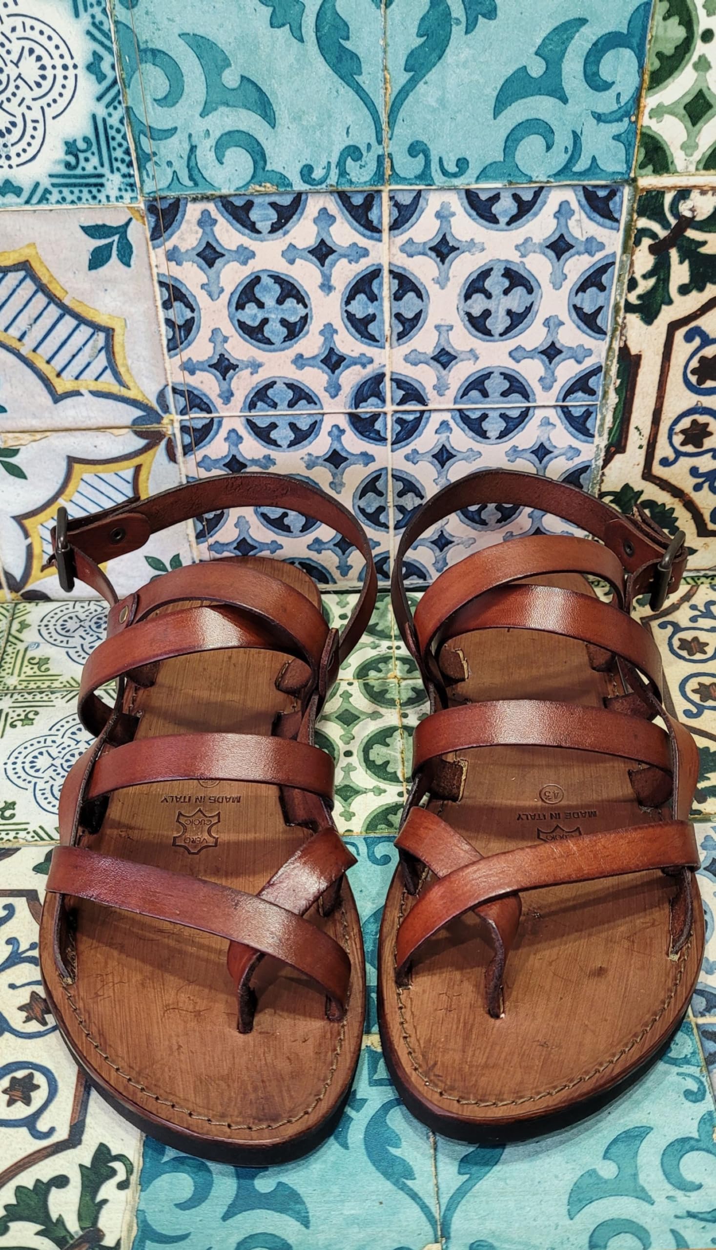 Sandali artigianali da Uomo fatti a mano con materiali di qualità: vera pelle e vero cuoio 100% Made in Italy Handmade Sandals for Man (44, Marrone)