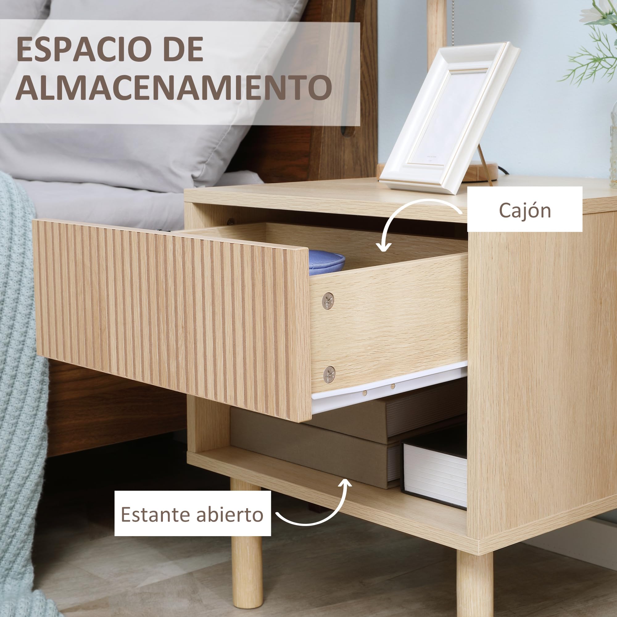 HOMCOM Mesita de Noche con Cajón y Estante 47x47x50 cm Madera Natural