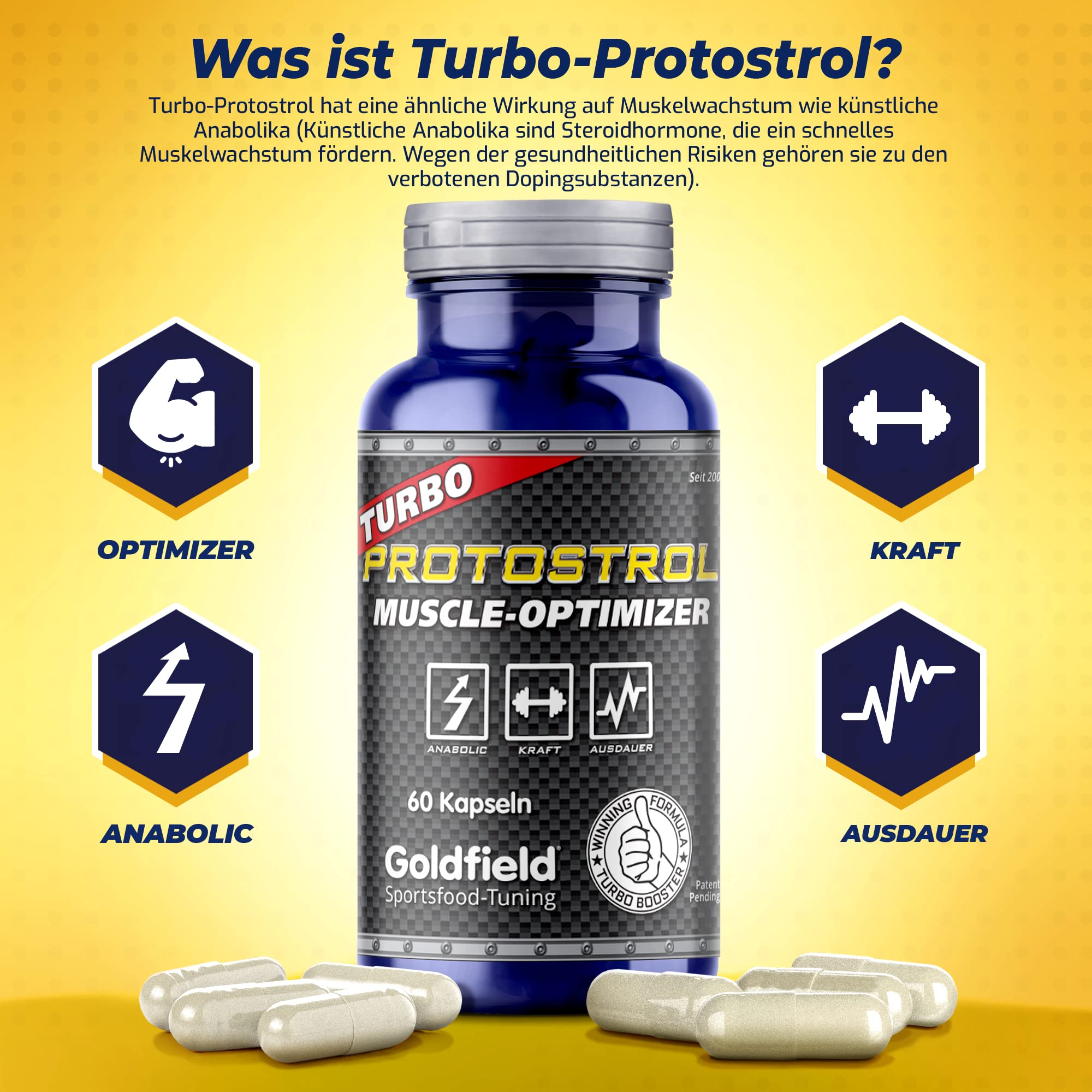 NEU! Goldfield Protostrol | Natural Anabolika | Muskelaufbau Kapseln aus pantentiertem Phenacrosinol ™Komplex | Potenz Ashwagandha | Calisthenics - Fitness & Testo Booster | 60 Kapseln
