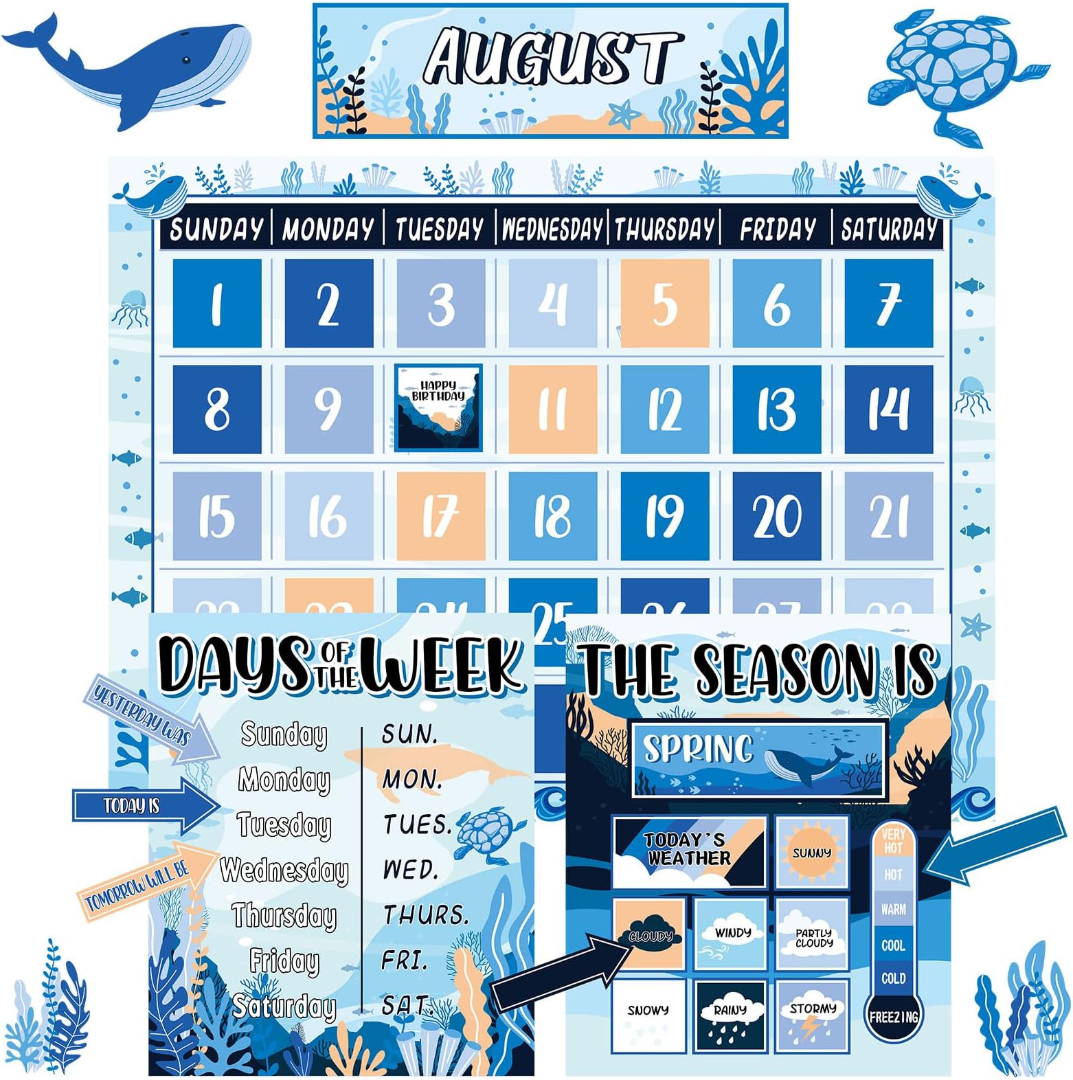 Justforjoyful Ocean Sea Calendar Bulletin Board Set for Classroom Decoration Sea Animals Calendar Seasons Weather Chart Ocean Theme Fish CTP Bulletin Board Paper-Cuts for Teachers Elementary School
