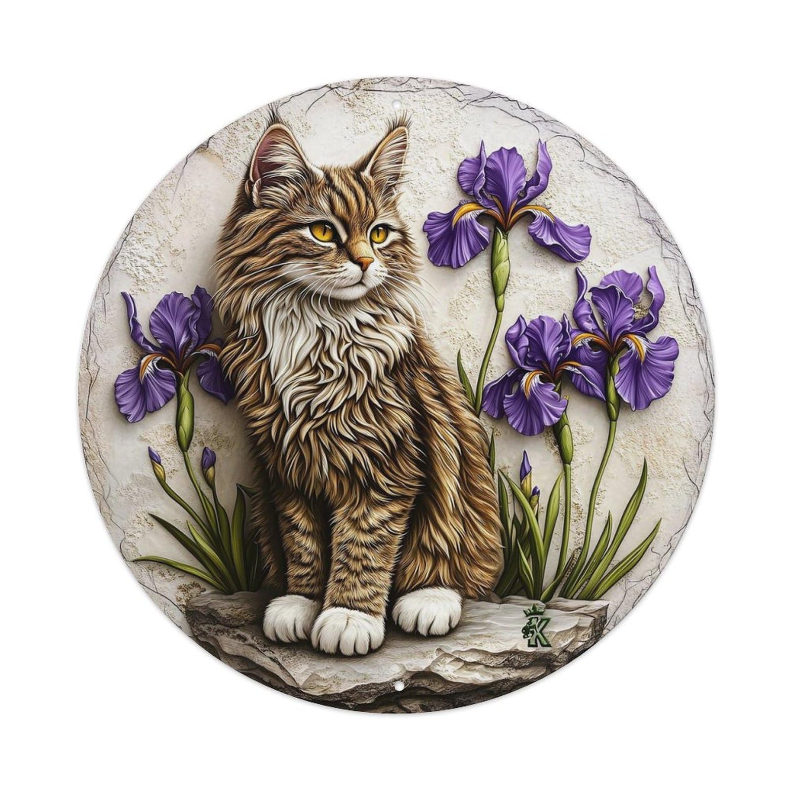 Cat Iris Flower Stone Art Round Tin Sign Vintage Metal Sign Home Bar Garden Indoor & Outdoor Wall Decor Retro Metal Poster 8x8 Inch