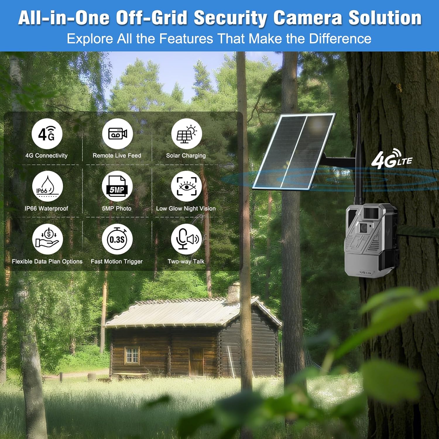 Vyze-Link Cellular Security Camera No WiFi, Game Cam with Pre-Installed SIM Card, Flexible Data Plan, Solar Battery Power, Night Vision, Motion Trigger, IP66 Waterproof, Outdoor Backyard Monitoring