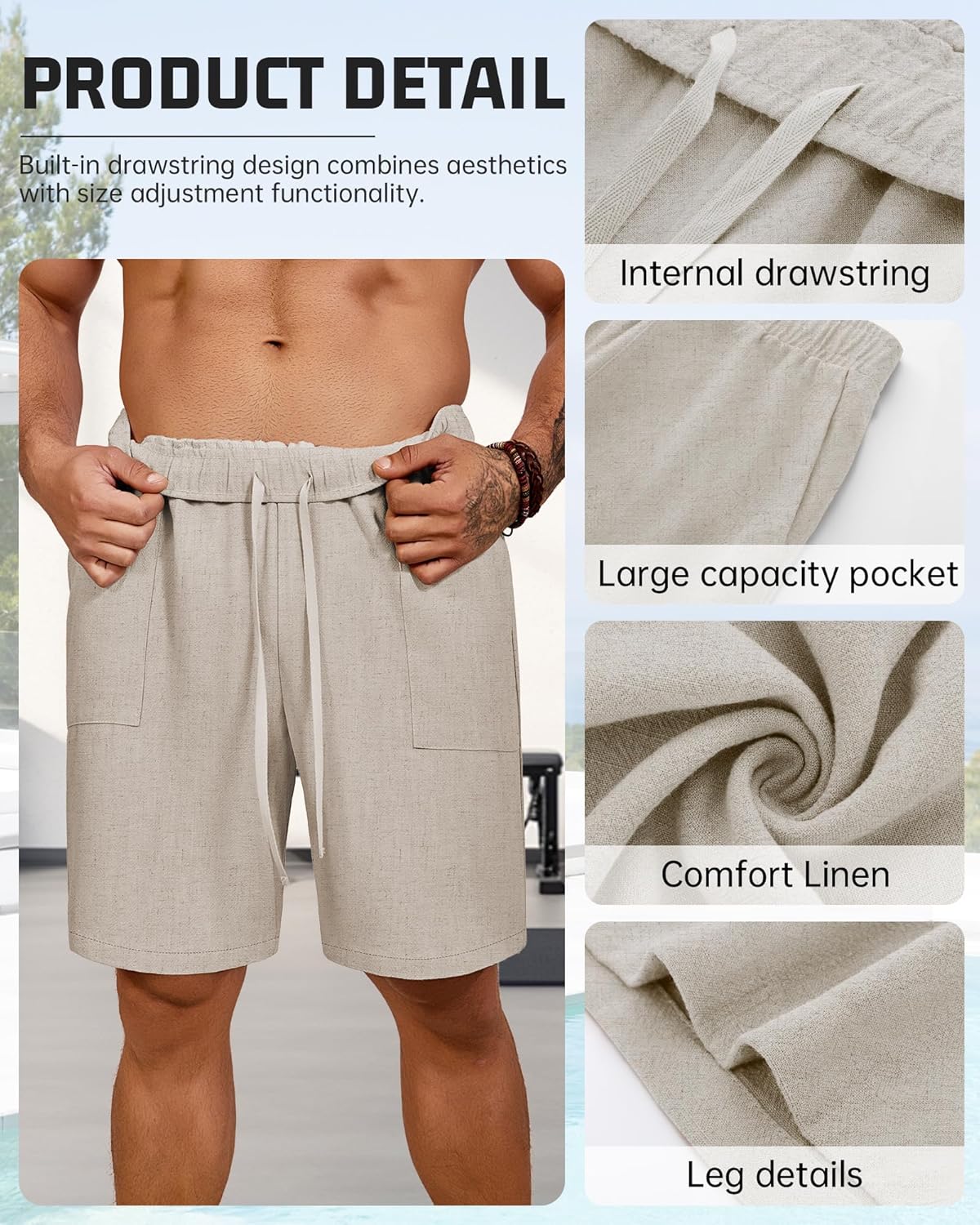 Riyiper 2 Pack Men's Big and Tall Linen Shorts, Drawstring Casual Shorts with Pockets Elastic Waist Beach Summer Shorts - Image 5