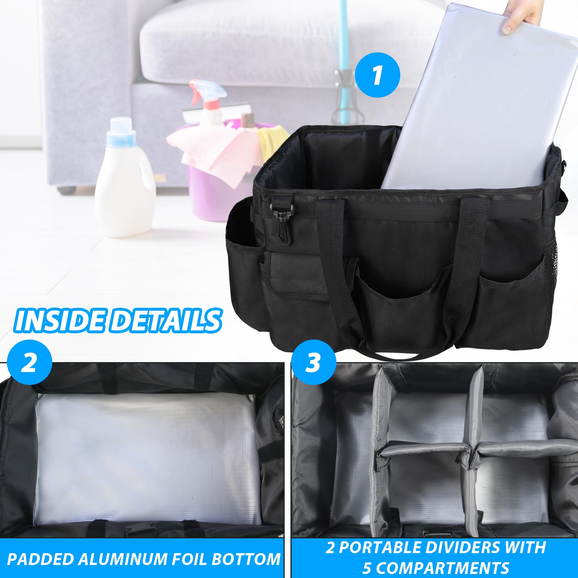 Organiseur de nettoyage avec bretelles réglables, grand sac caddy pour la maison, les fournitures de nettoyage de voiture, sac à main de ménage (noir)