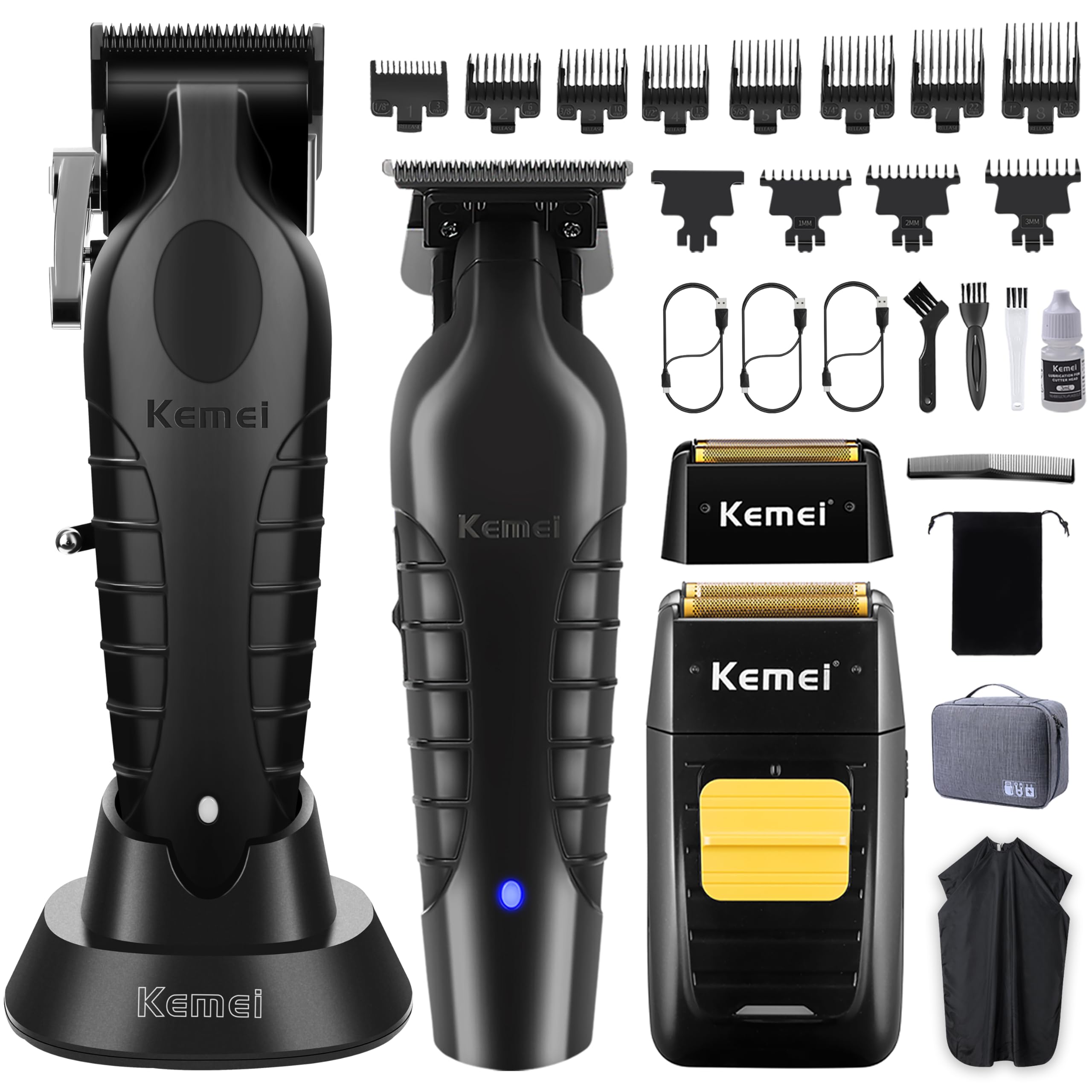 KEMEI Juego de Maquina de Cortar Pelo Hombre y Afeitadora Electrica Hombre con cabezales de repuesto, Trimmer con Hoja en T, 11 Peines Guía, KM-2299, KM-2296, KM-1102
