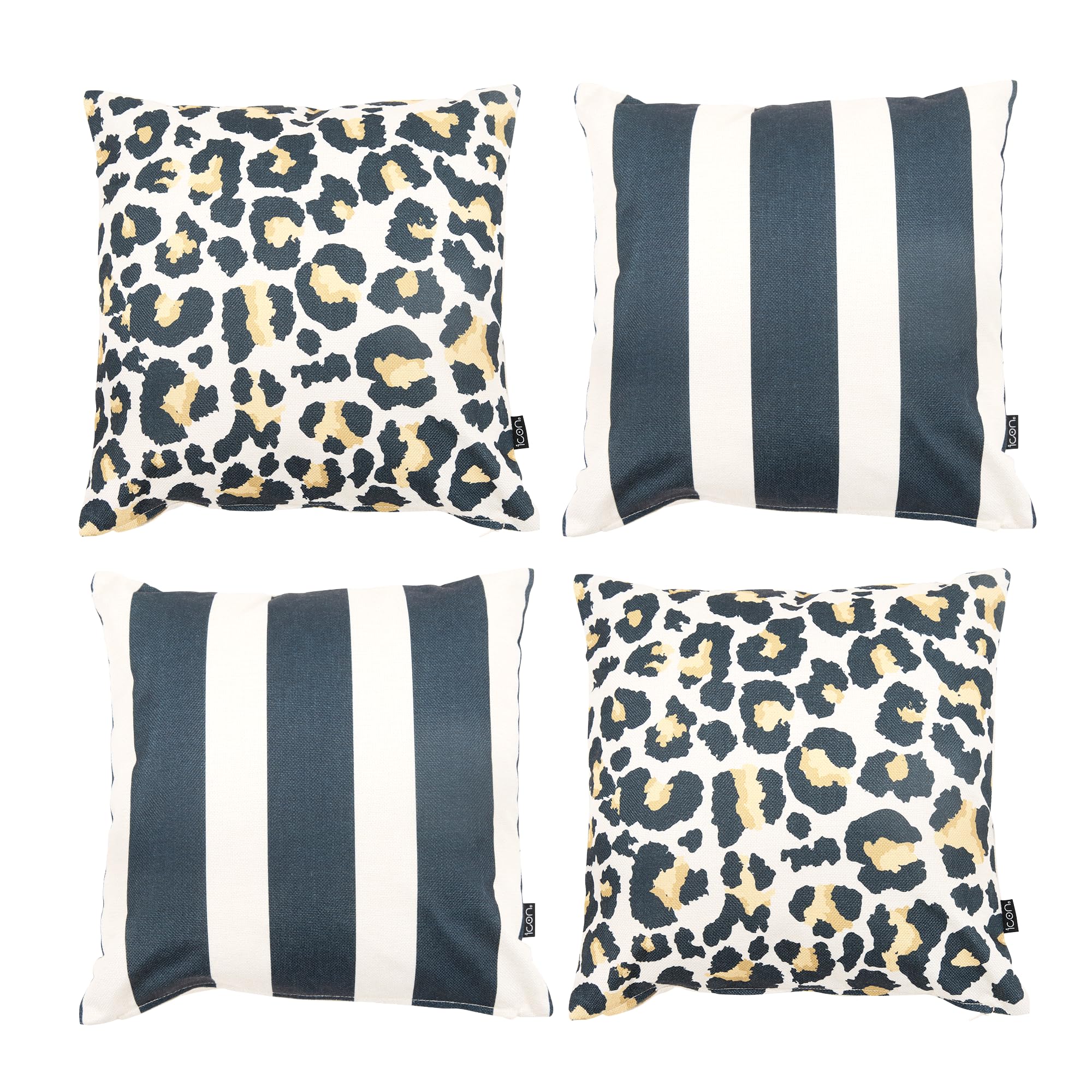Icon Leopard Stripe Indoor Outdoor Cushions Filled, Boho Collection, Leopard And Stripe Print, Set Of 4, 43Cm X 43Cm, Water Resistant, Outdoor Cushions For Garden Furniture, Lounge, Garden, Patio 443Cm