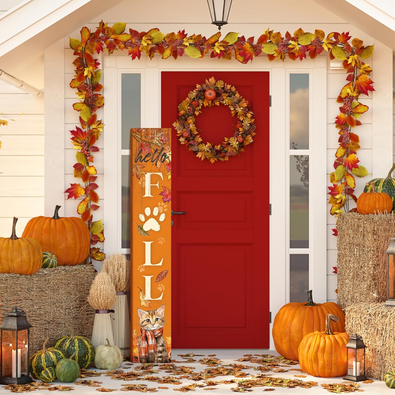 Farmhouse Fall Porch Signs Outdoor 47" Wooden Hello Fall Porch Decorations for Home Orange Large Cat Maple Leaves Autumn Vertical Sign Outside Thanksgiving Decoration for Autumn Party Decor Home