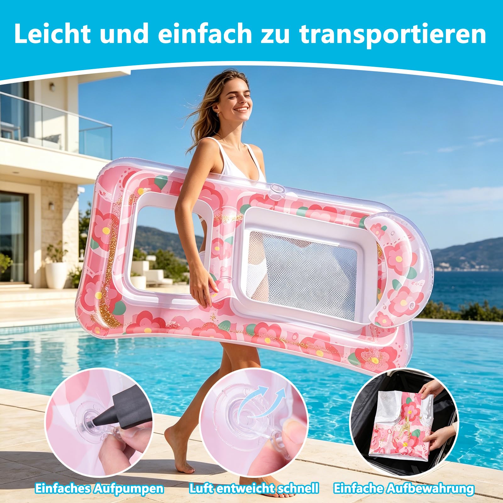Aufblasbare Sonnenliege für Erwachsene - Luftmatratze Tanning Pool mit Kopfkissen Getränkehaltern, Floating Liegestuhl Matratze für Entspannung und Sonnenbaden
