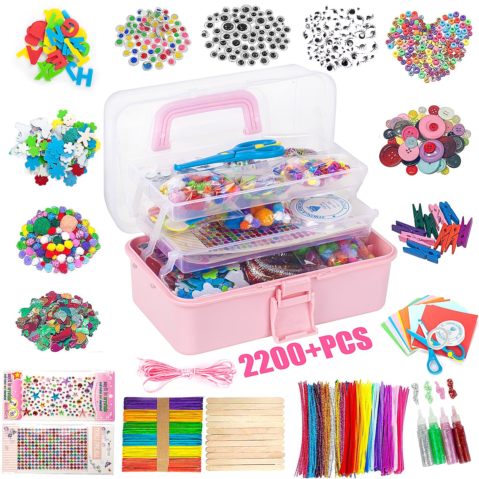 Withosent Kit Manualidades Niños 2200+PCS, DIY Creativo Kit Manualidades Material, con Limpiapipas, Pompoms, Wiggle Eye, Cuentas, Lentejuelas, Juego Creativo Regalo Craft Niños Niñas